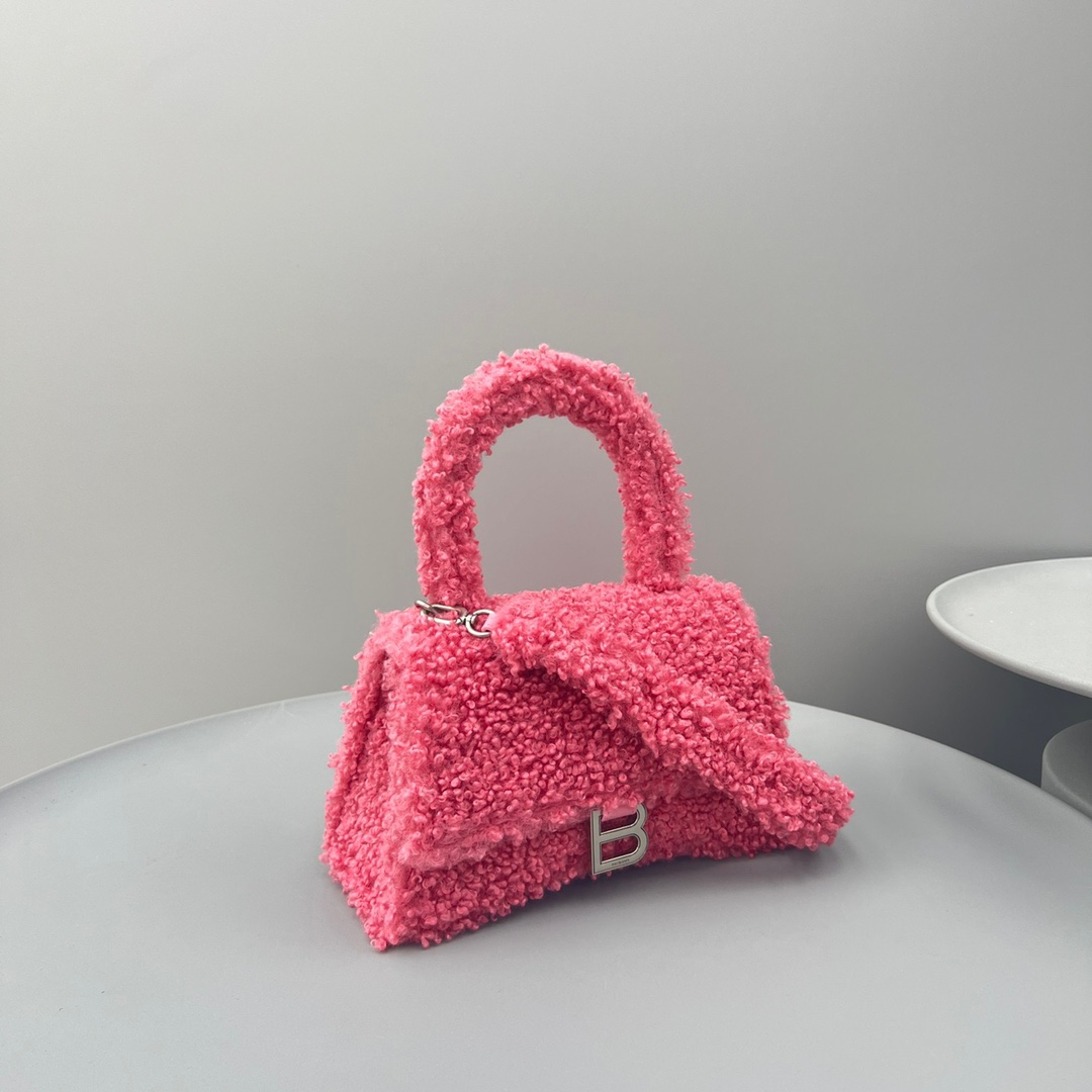 Ba1en*iaga Furry Hourglass Small Handbag Black/Grey/Pink For Women‎ 9.4in/23.8cm 676365210FU1000