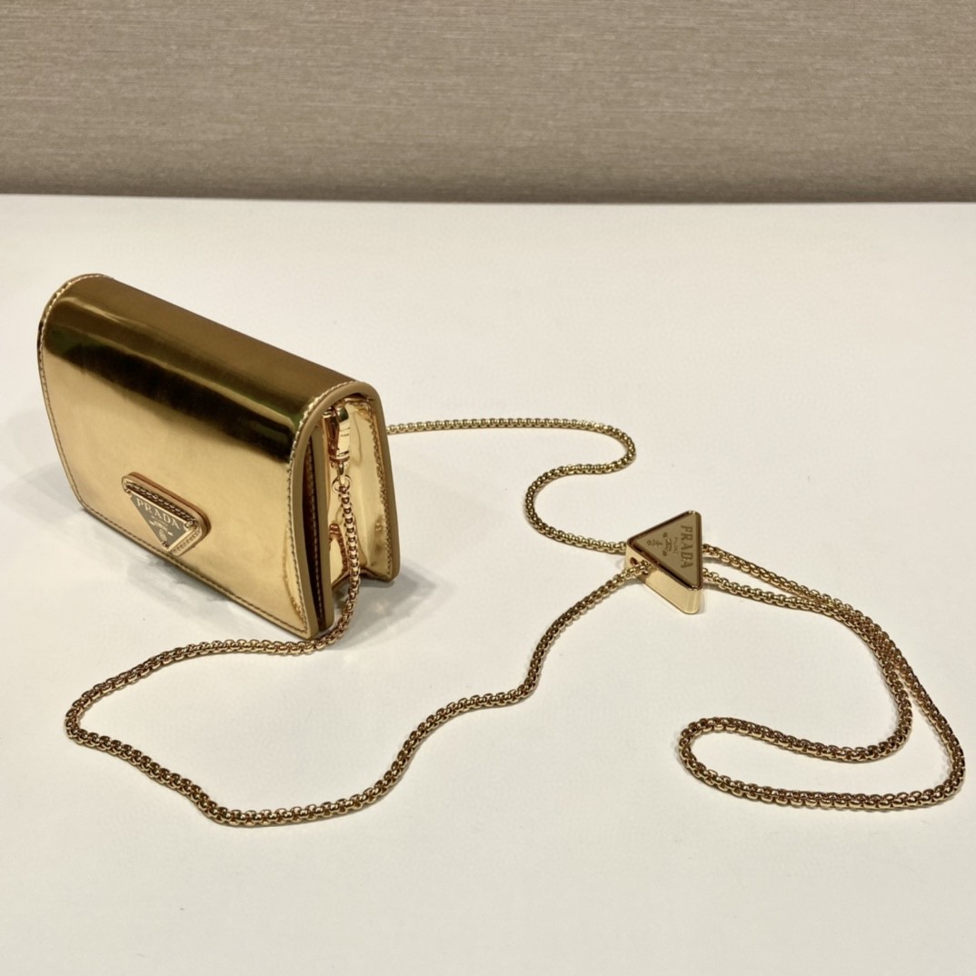 Pra*a Brushed Card Holder With Shoulder Strap Gold Tone/ Black For Women 4.5 in / 11.5 cm 1MR028_2CLE_F0522