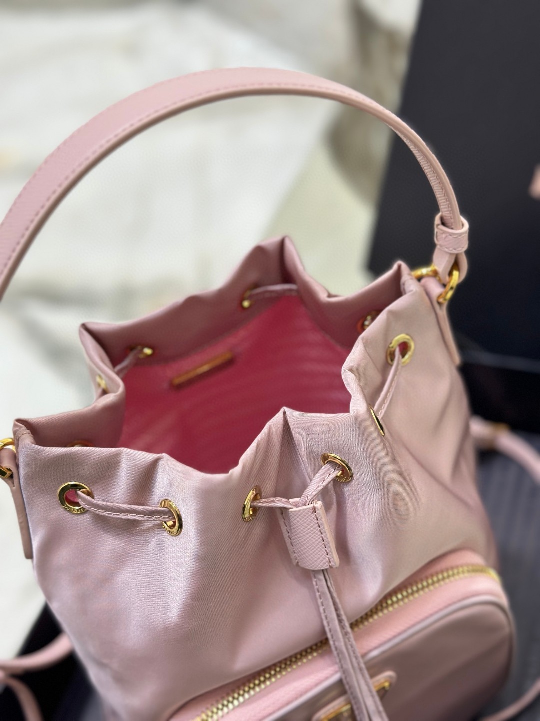 Pra*a Duet Bucket Shoulder Bag Light Pink/Beige For Women 8.6 in / 22.5 cm 1BH038_RV44_F0E18_V_OOO