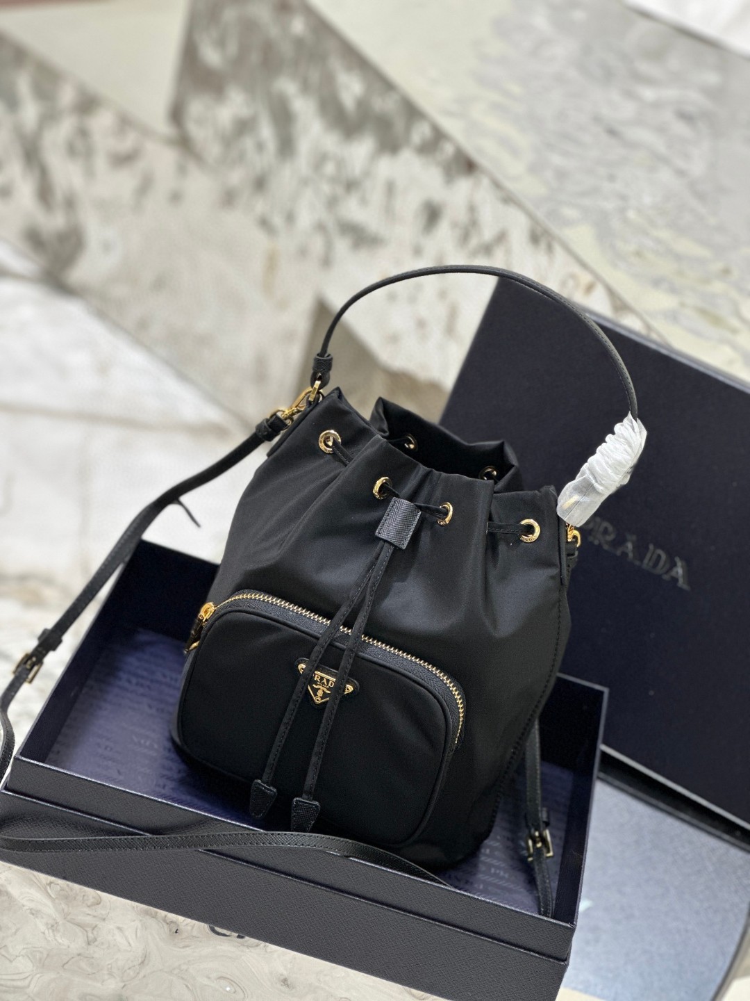 Pra*a Duet Bucket Shoulder Bag Black/Blue For Women 8.6 in / 22.5 cm 1BH038_RV44_F0002_V_UOO