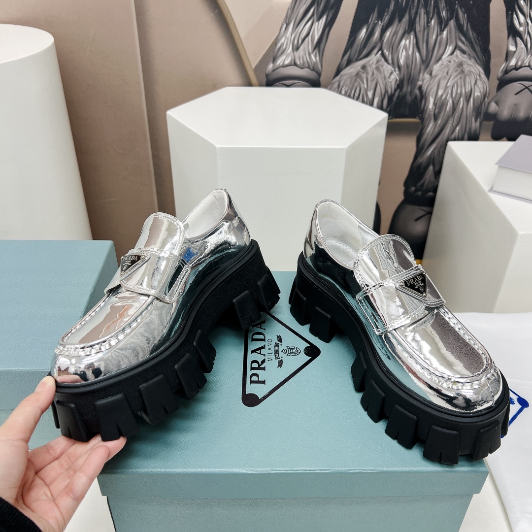 Pra*a Monolith Ombré Brushed Loafers Sliver Tone For Women 2.1 in/ 5.5cm