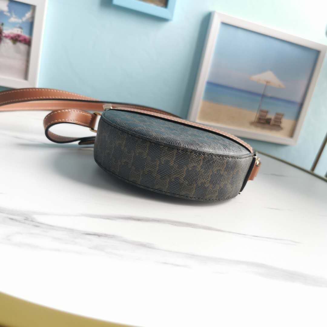 Ce1i*e Round Purse On Strap In Triomphe Canvas White/Brown For Women‎ 5in/13.5cm