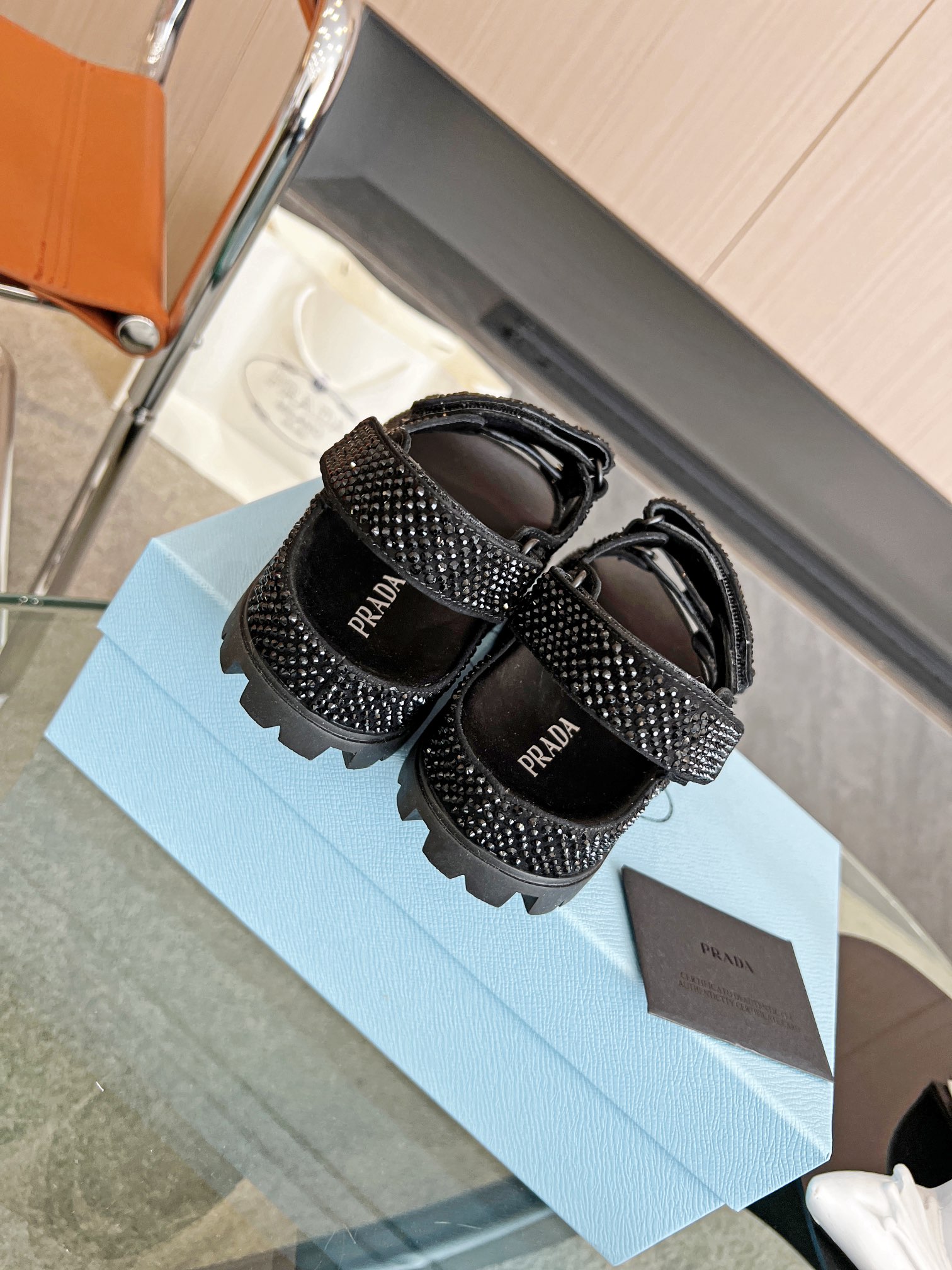 Pra*a Satin Sandals With Crystals Black For Women 0.8 in/ 2cm 1X013N_2AWL_F0002_F_020