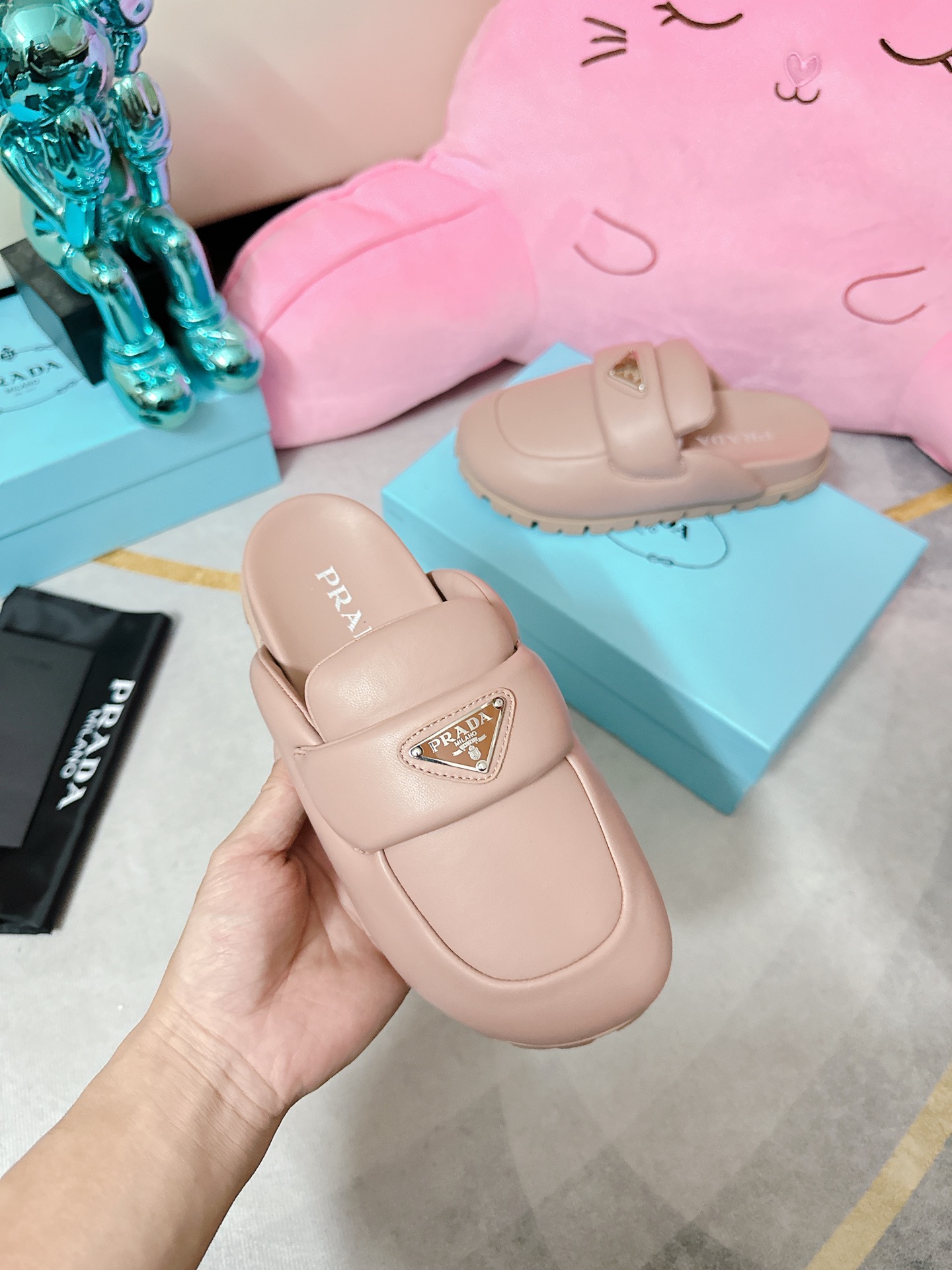 Pra*a Soft Padded Nappa Sabots Light Pink For Women 0.8 in/ 2cm