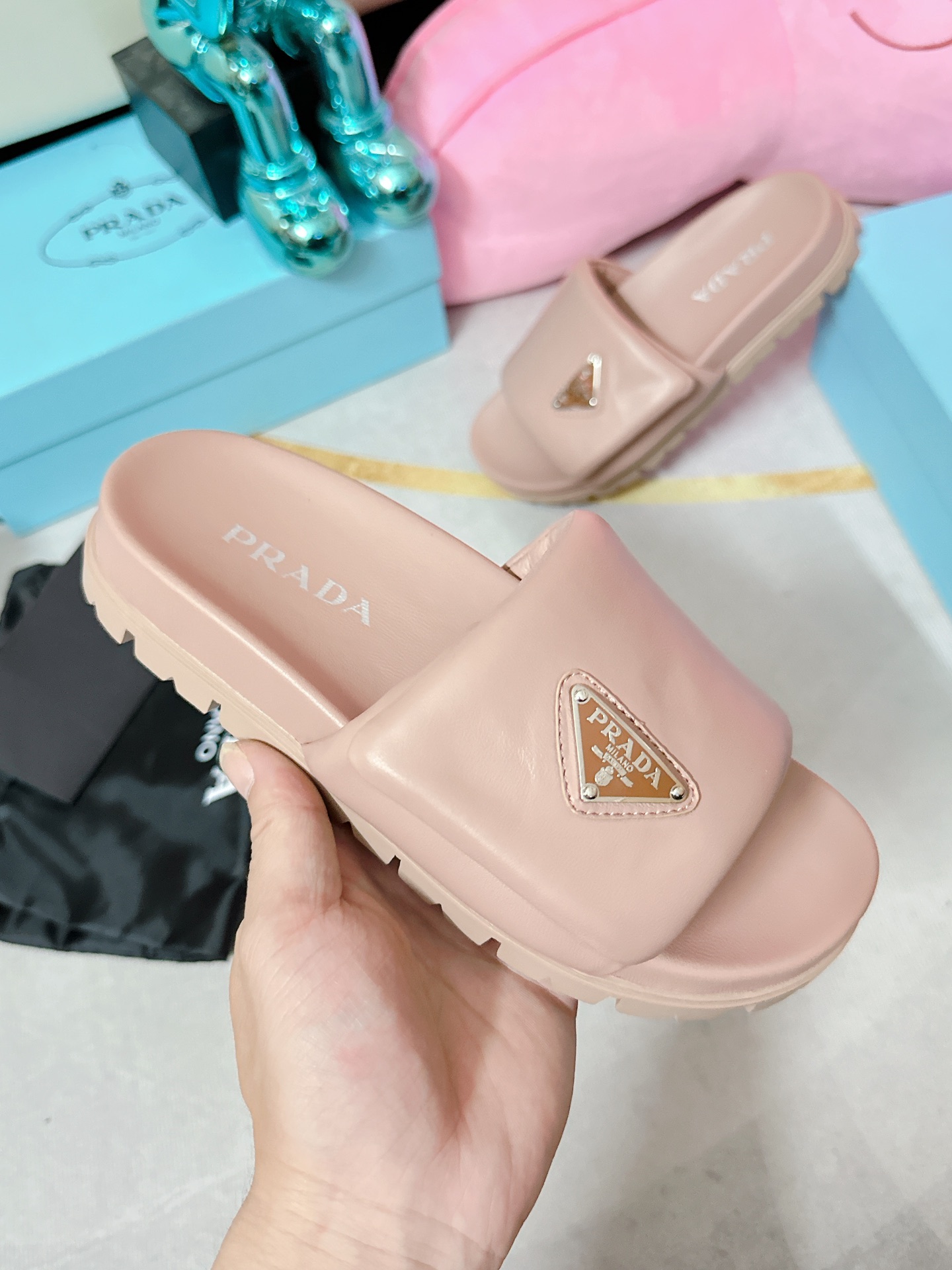 Pra*a Soft Padded Nappa Slides Light Pink For Women 0.8 in/ 2cm