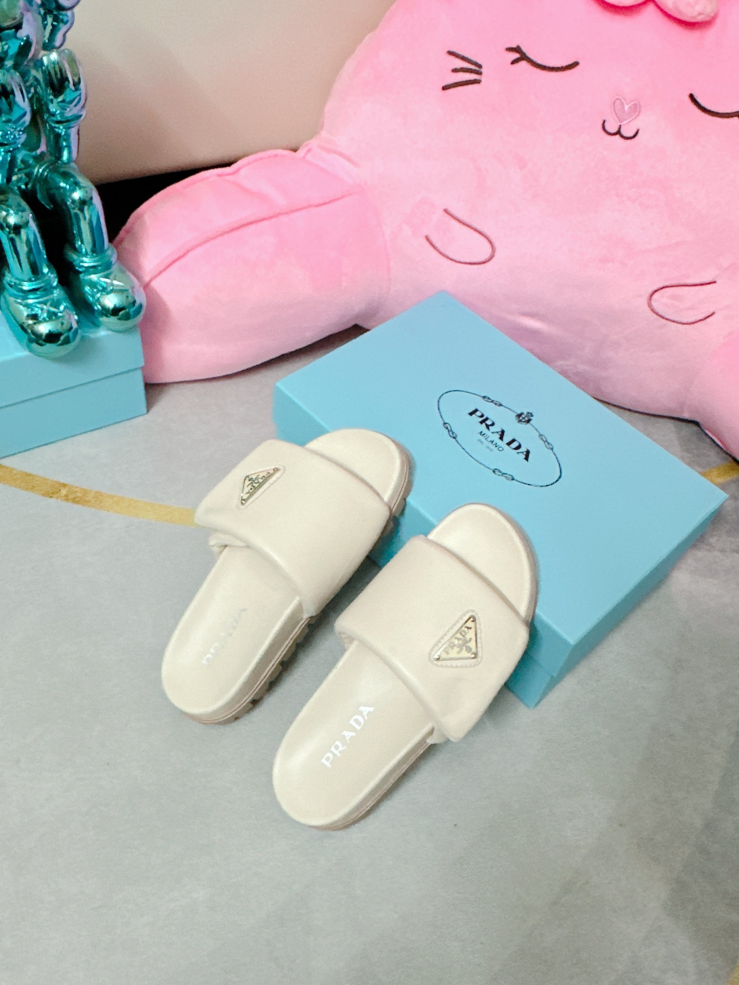 Pra*a Soft Padded Nappa Slides Light Beige For Women 0.8 in/ 2cm