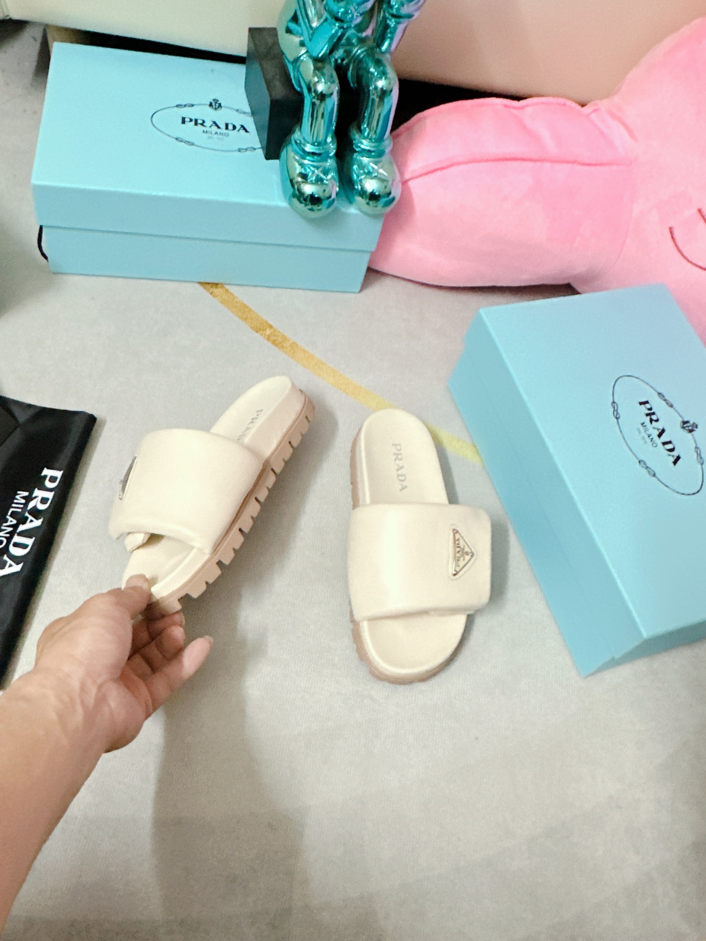 Pra*a Soft Padded Nappa Slides Light Beige For Women 0.8 in/ 2cm