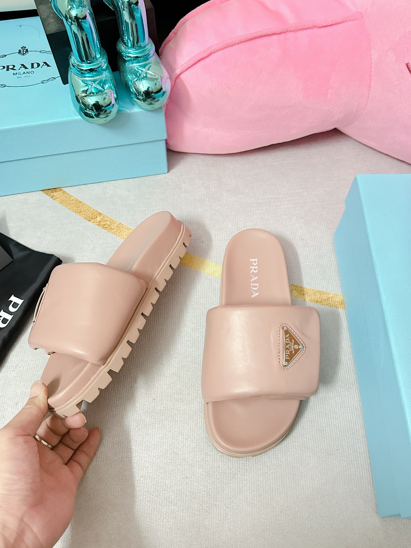 Pra*a Soft Padded Nappa Slides Light Pink For Women 0.8 in/ 2cm