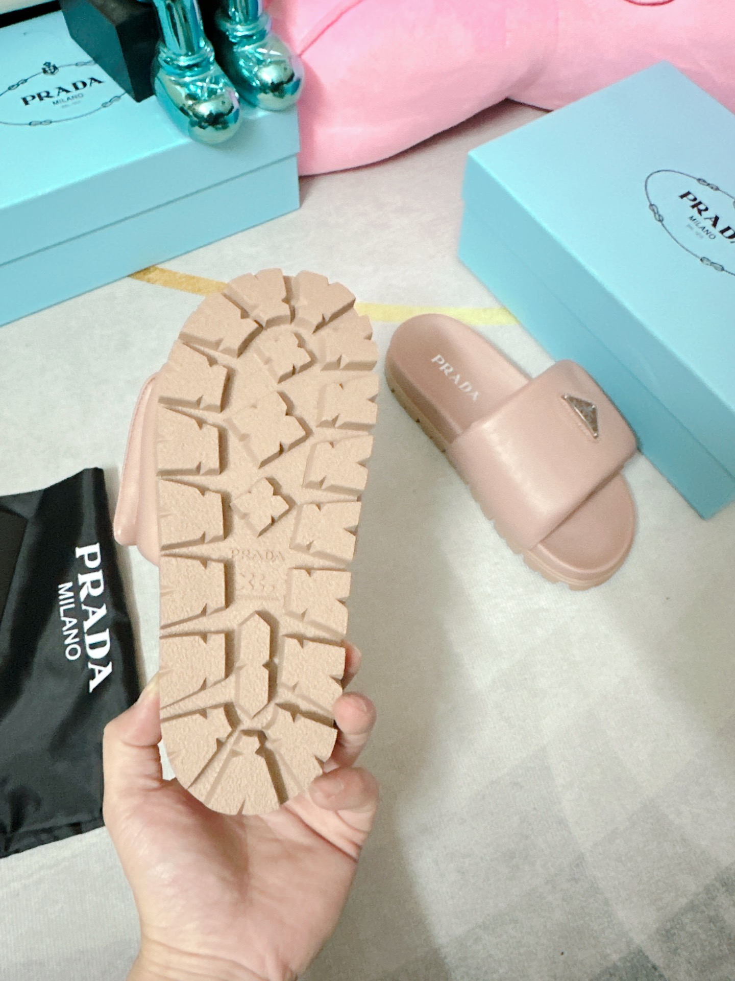 Pra*a Soft Padded Nappa Slides Light Pink For Women 0.8 in/ 2cm