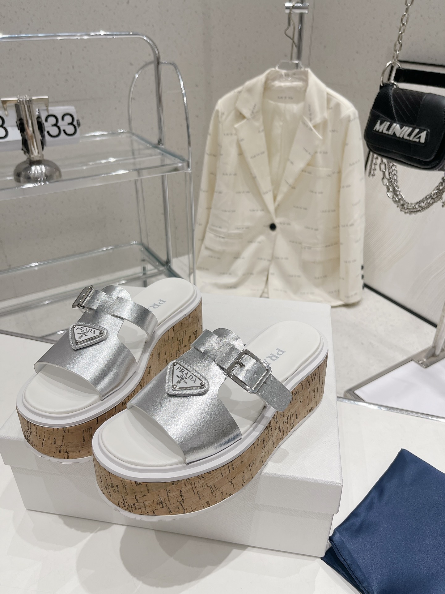 Pra*a Wedge Platform Sandals Sliver Tone For Women 2.9 in/ 7.5 cm