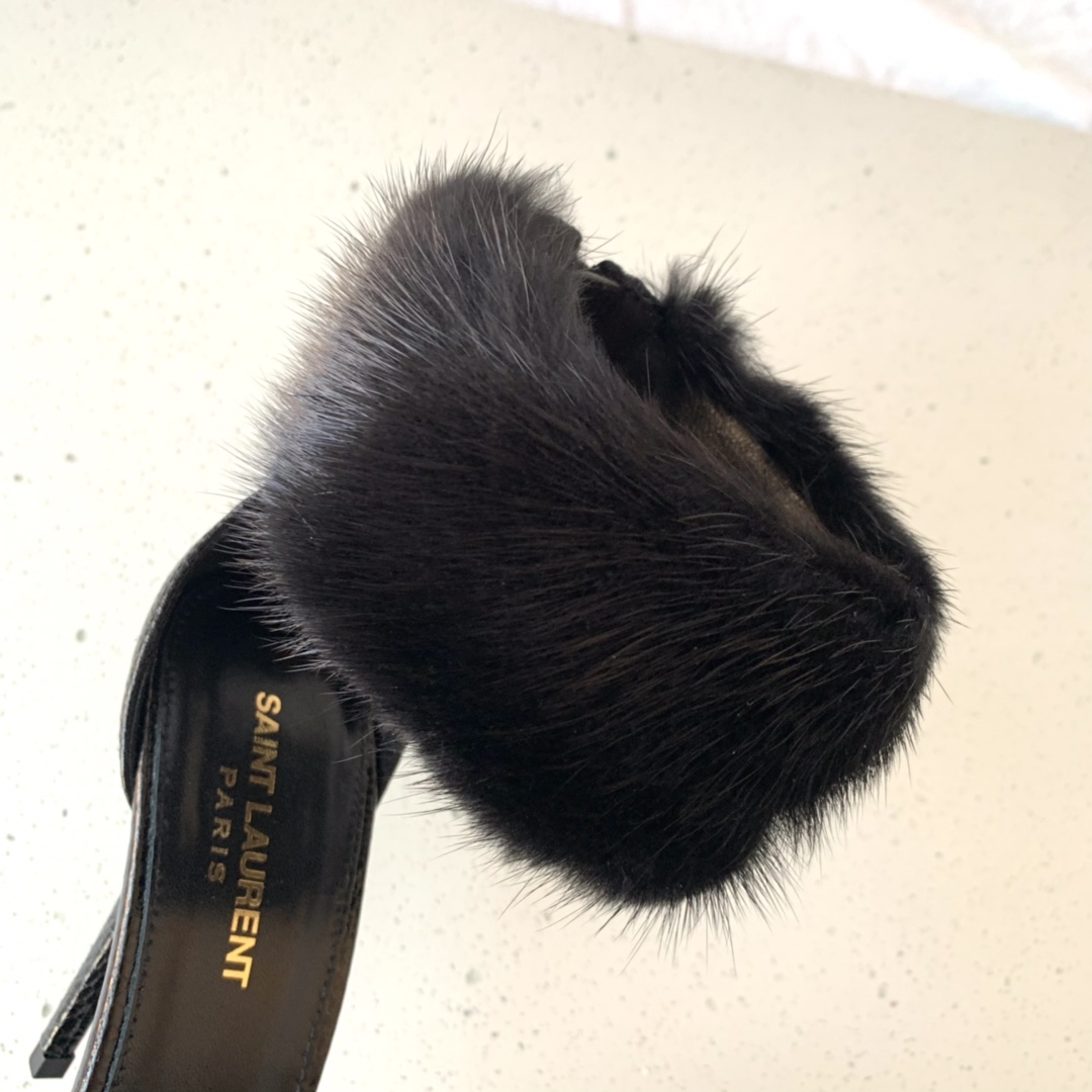 Sa1nt Lau*nt 110mm Faux Fur Ankle-Cuff Sandals Black For Women