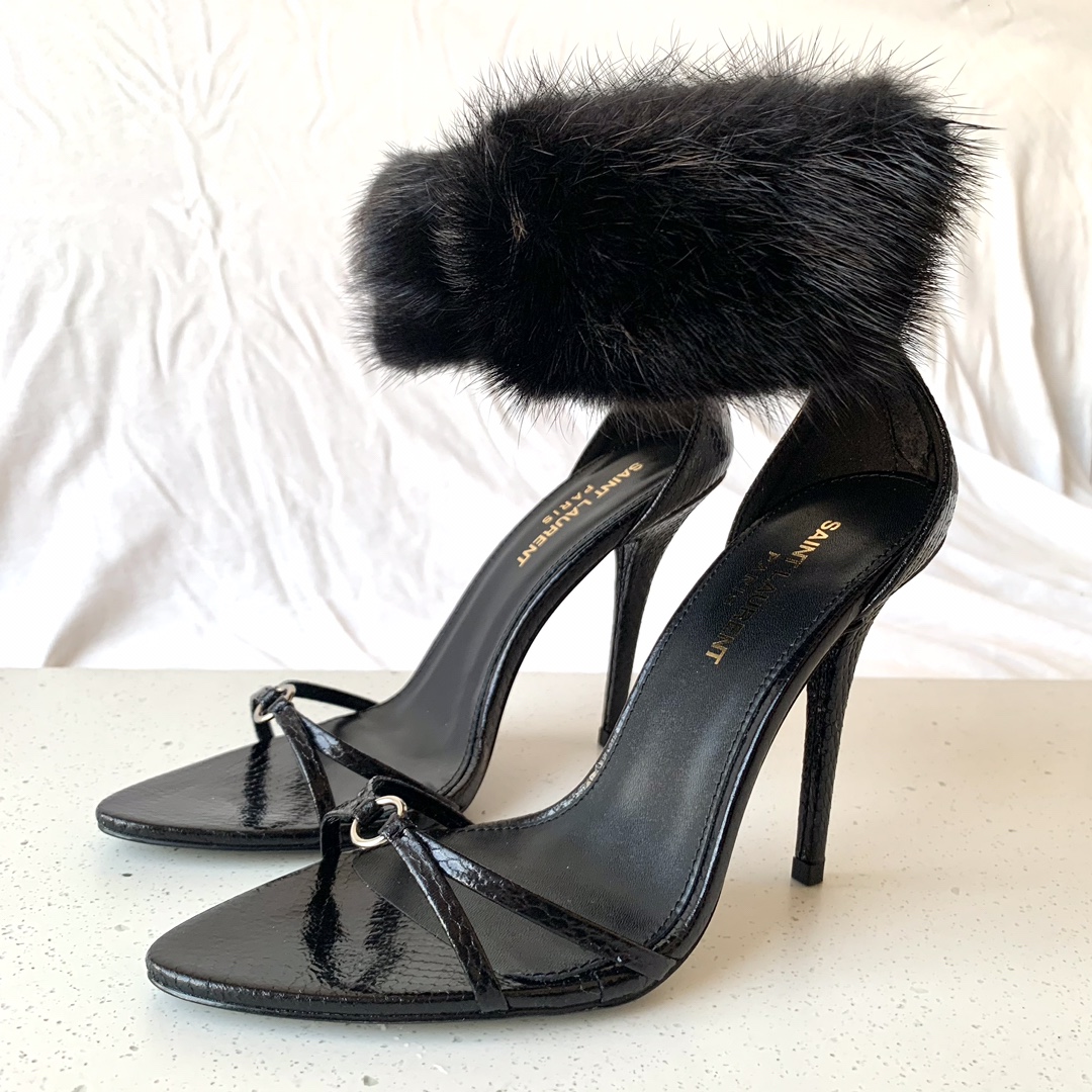 Sa1nt Lau*nt 110mm Faux Fur Ankle-Cuff Sandals Black For Women