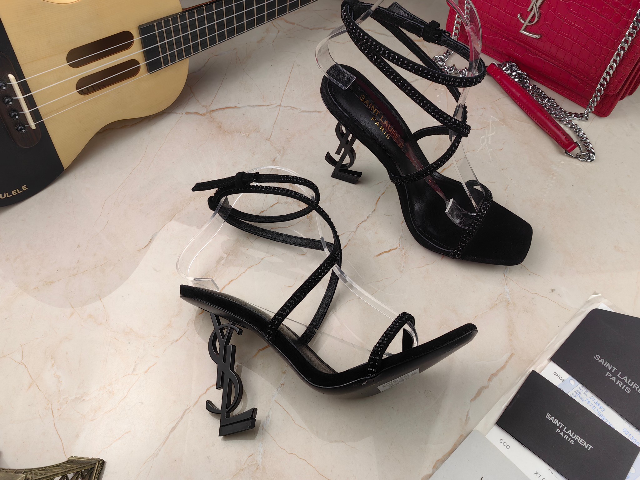 Sa1nt Lau*nt Opyum Sandals In Crepe Satin And Rhinestones Black For Women 7323391UUAV1012