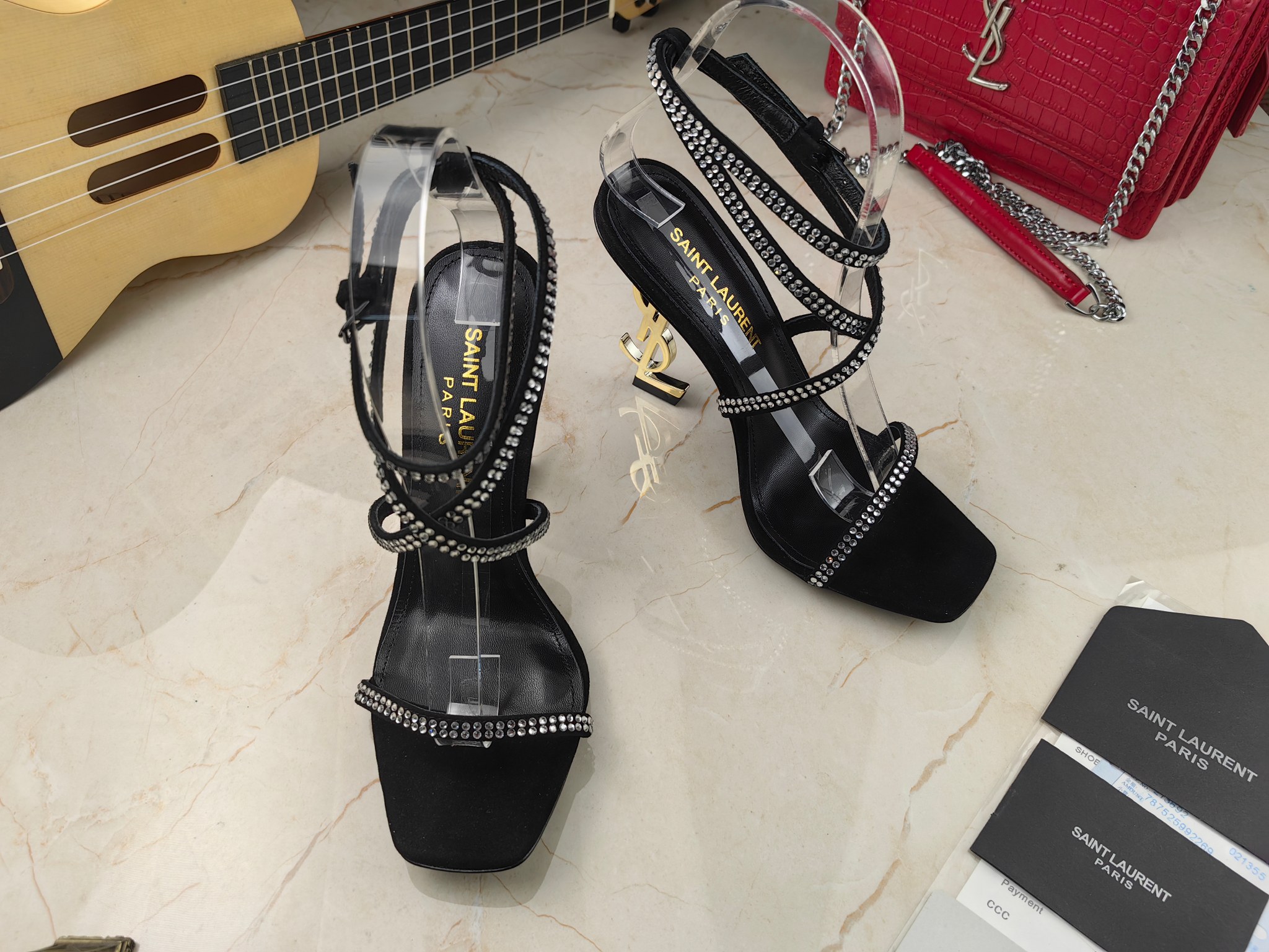 Sa1nt Lau*nt Opyum Sandals In Crepe Satin And Rhinestones Black For Women