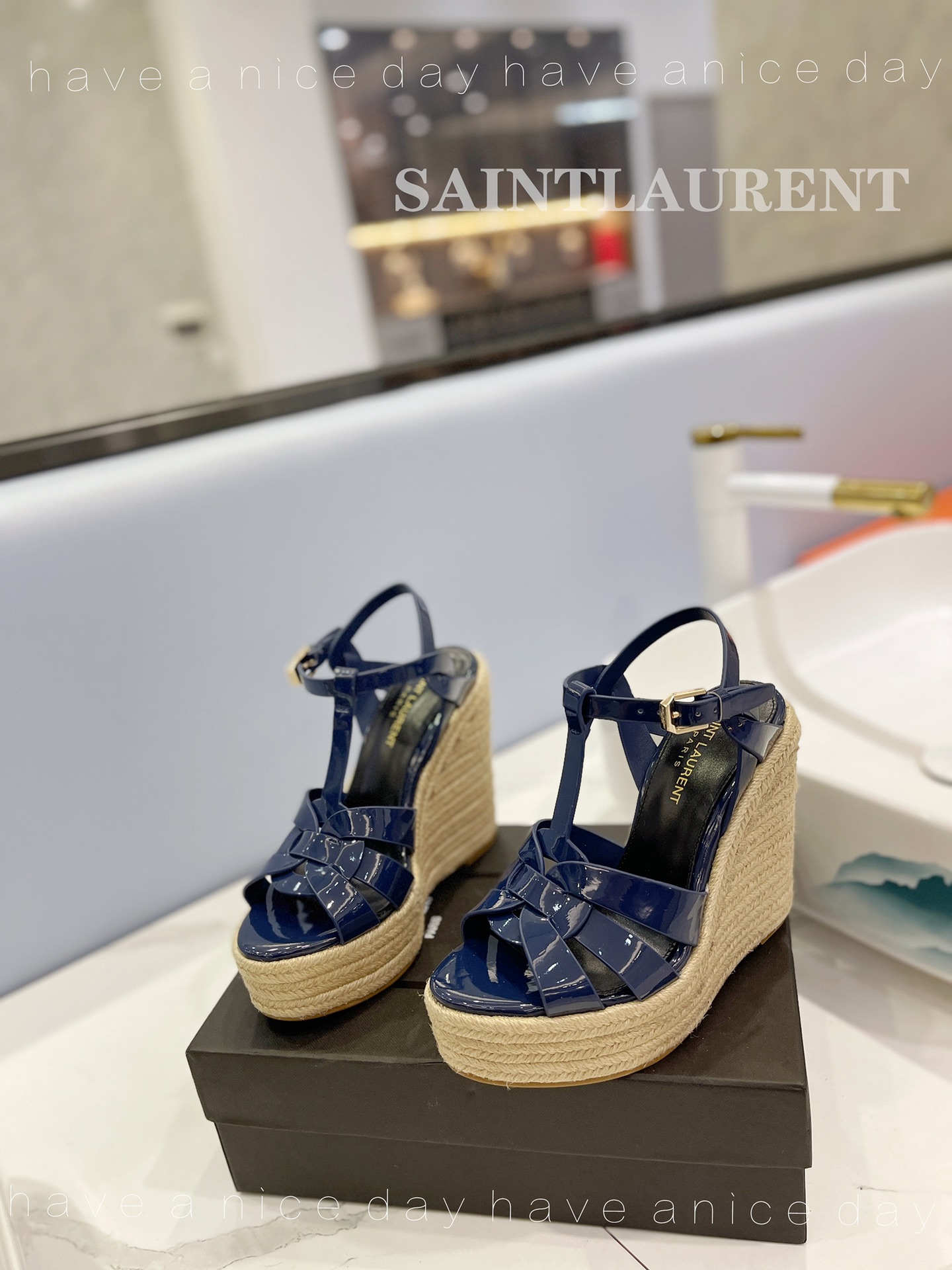 Sa1nt Lau*nt Tribute Espadrilles In Patent Navy Blue For Women