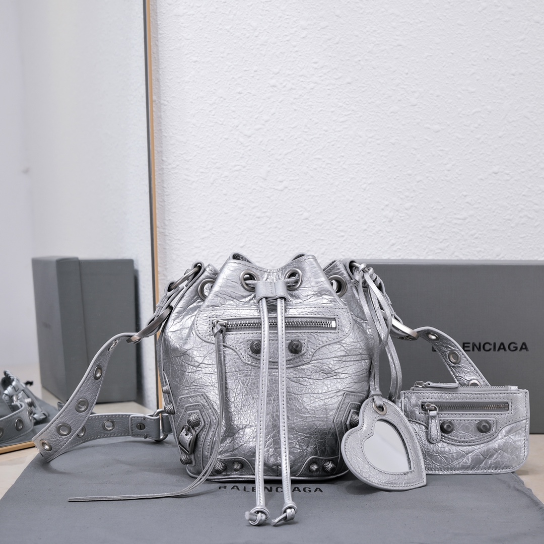 Ba1en*iaga Le Cagole Xs Bucket Bag Metallized With Rhinestones In Gold Tone/Sliver Tone/Grey For Women 7.8in/20 cm