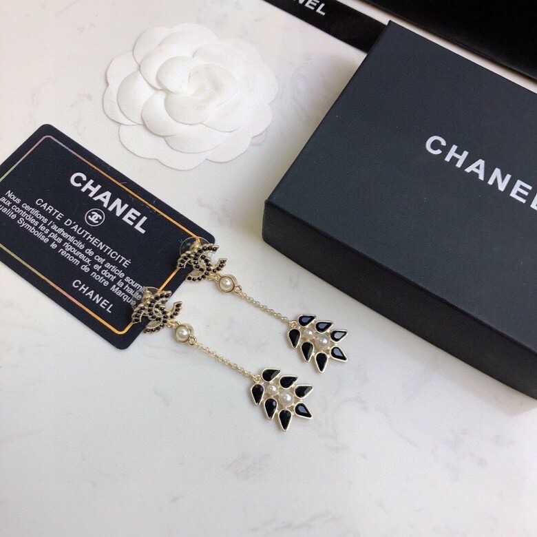 Ch**el Black Petals Earrings Gold Tone For Women