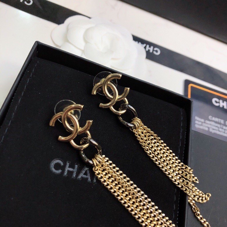 Ch**el Chain Long Shape Earrings Gold Tone For Women