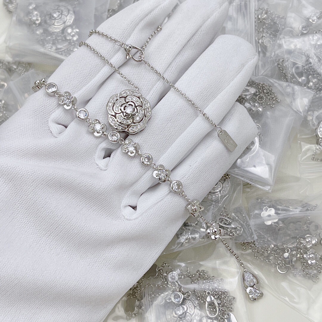 Ch**el Hollow Camellia Necklace Silver For Women