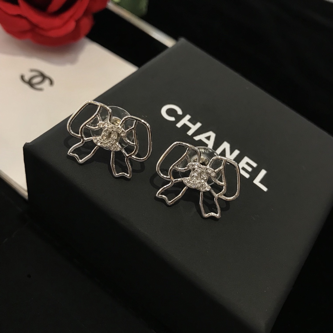 Ch**el Lovely Bow Frame Earrings Silver Tone For Women