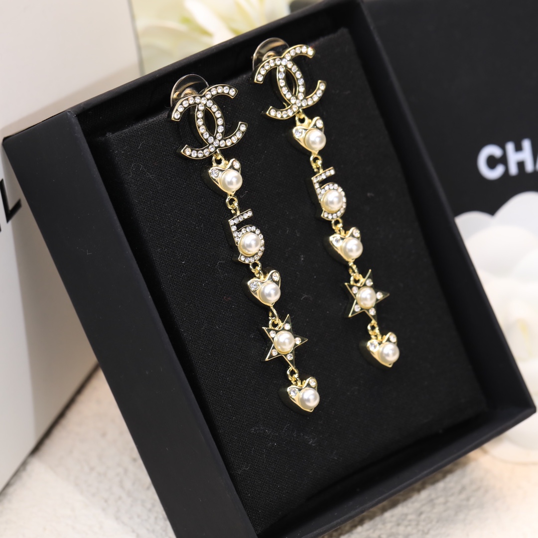 Ch**el Number 5 Long Earrings Gold Tone For Women