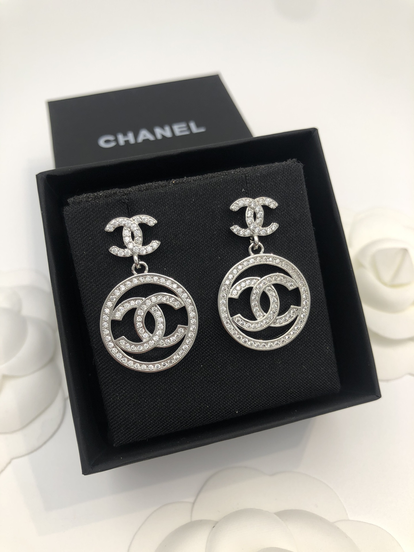 Ch**el Round Double C Earrings Silver For Women