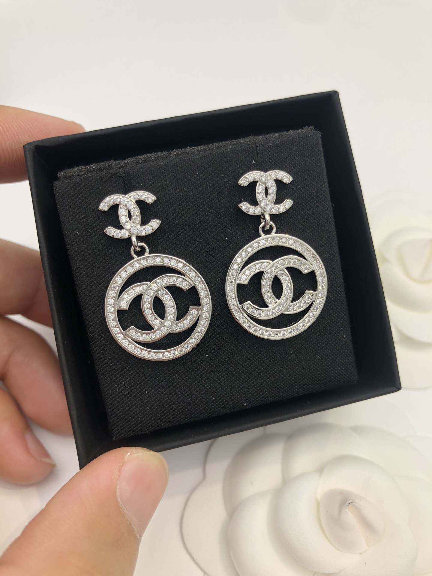 Ch**el Round Double C Earrings Silver For Women