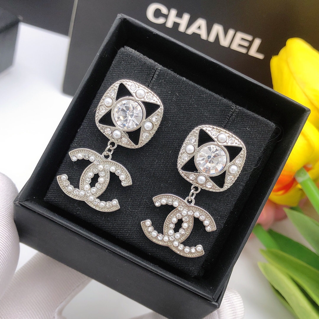 Ch**el Square Double C Stud Earrings White For Women