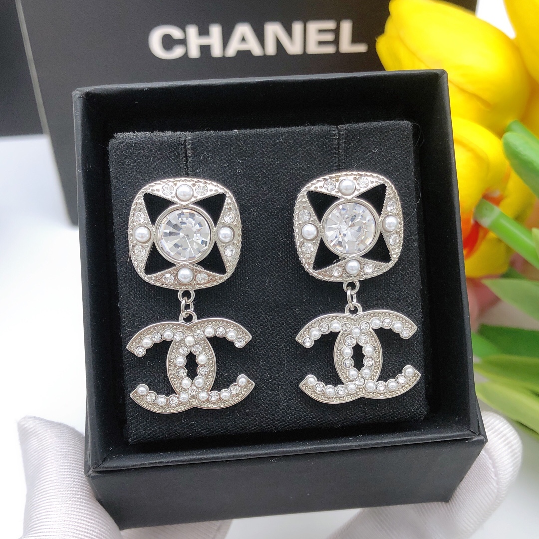 Ch**el Square Double C Stud Earrings White For Women