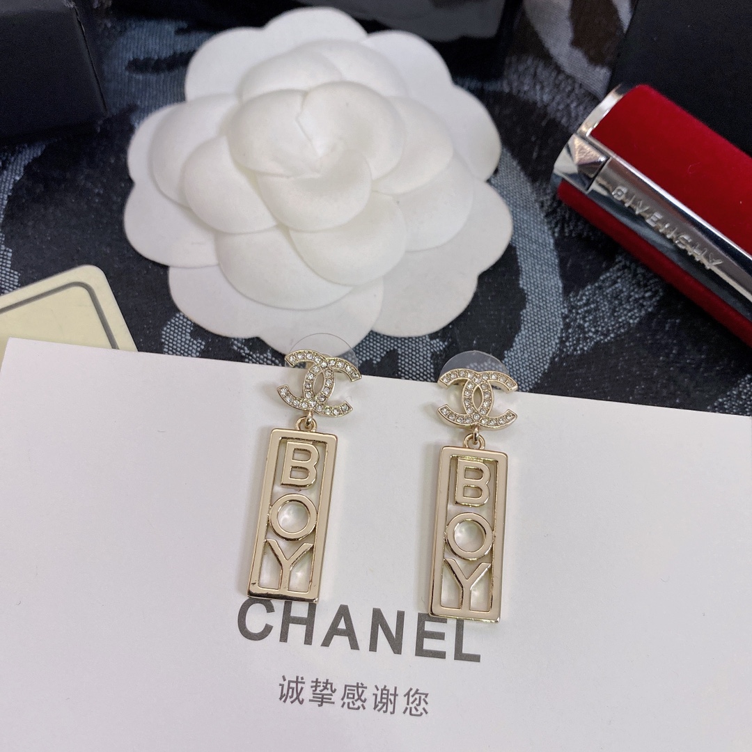Ch**el Strass CC BOY Drop Earrings Gold For Women