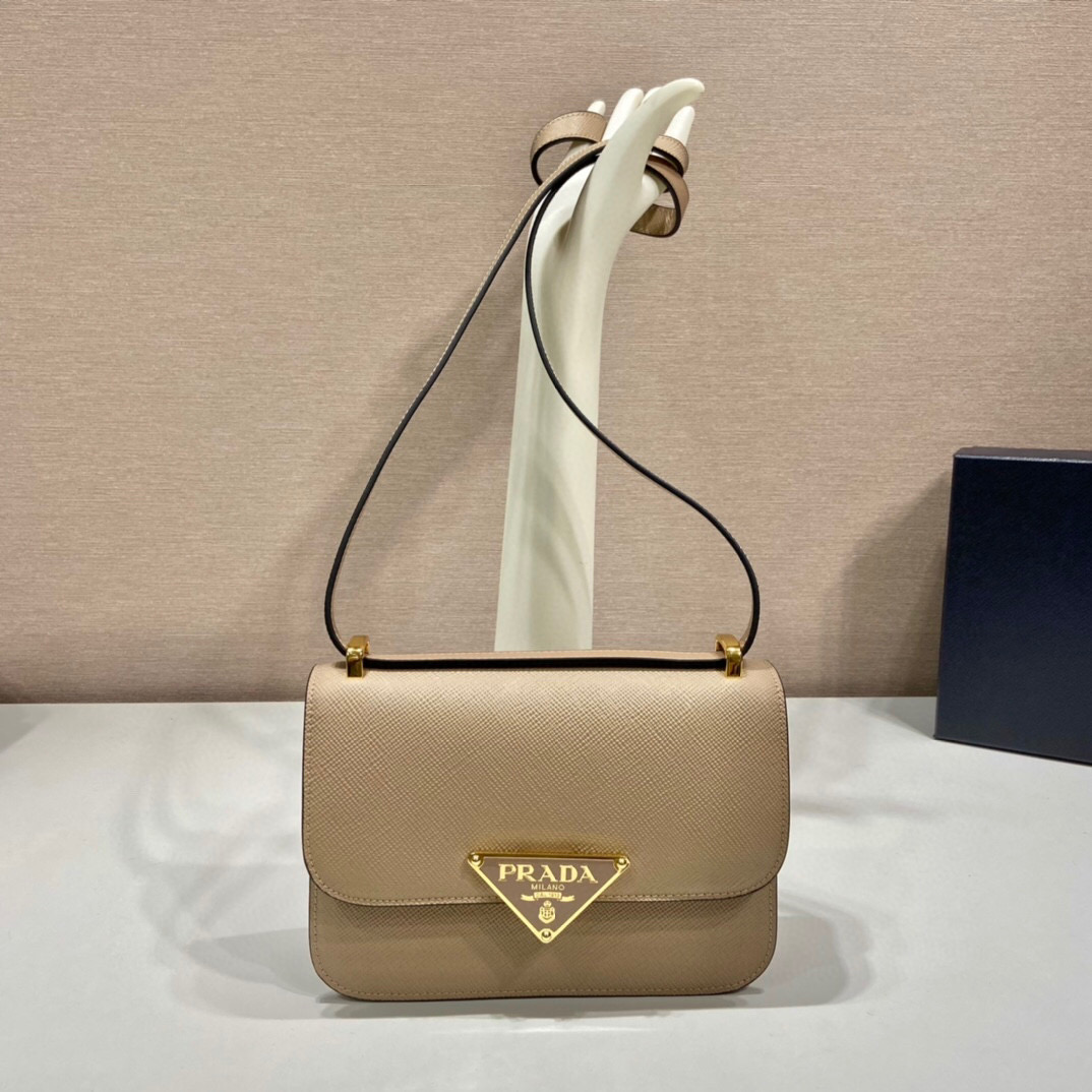 [True-to-ORIGINAL] Pra*a Emblème Saffiano Shoulder Bag In Beige For Women 8.6 in/22cm – 1BD320_2A4A_F0036_V_UTO
