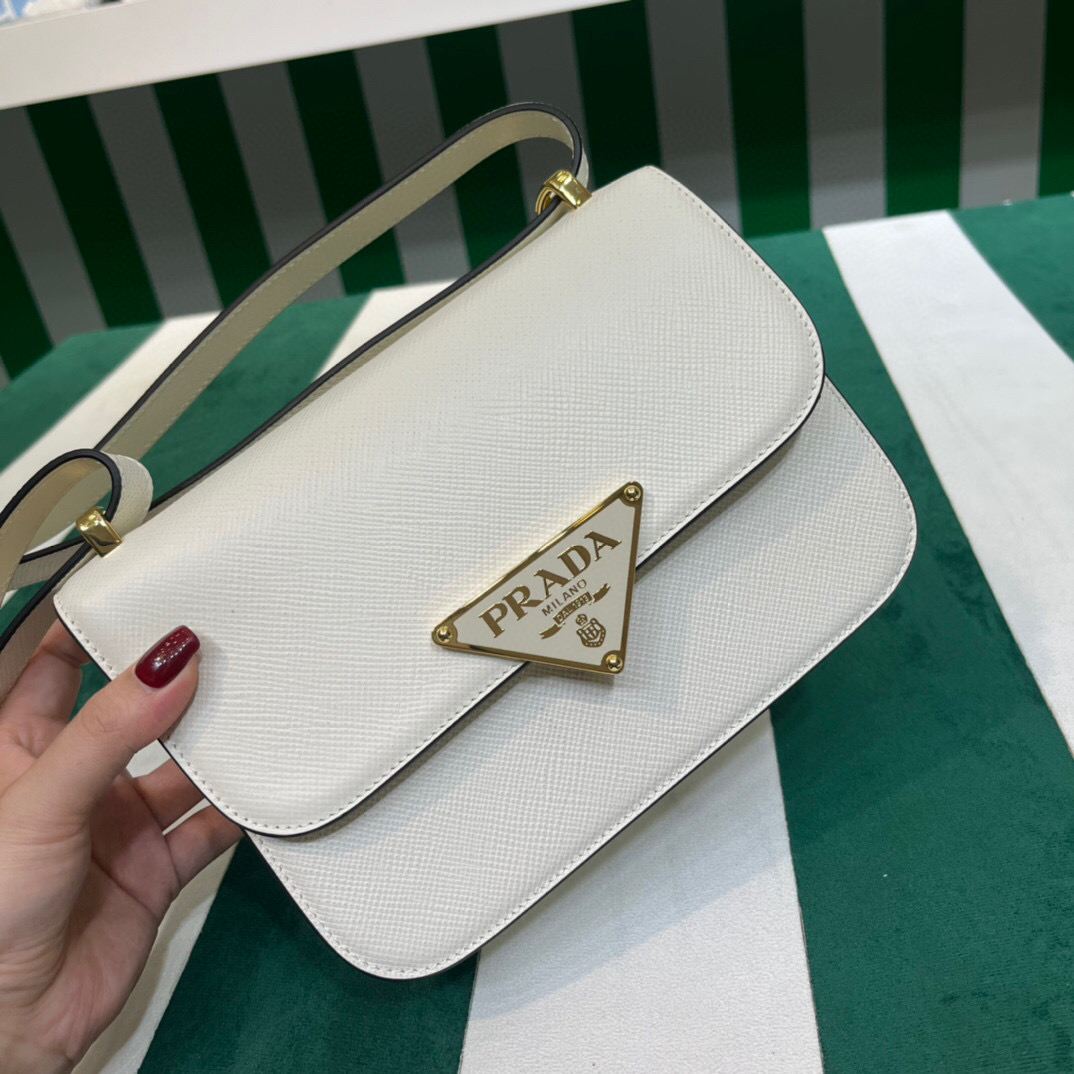 [True-to-ORIGINAL] Pra*a Emblème Saffiano Shoulder Bag In White For Women 8.6 in/22cm – 1BD320_2A4A_F0009_V_UTO