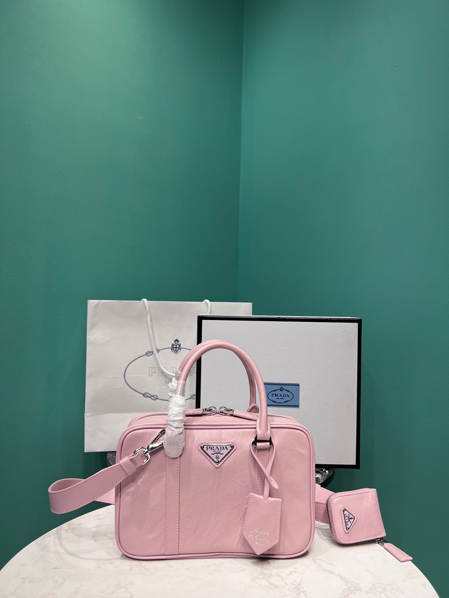 Pra*a Medium Antique Nappa Top Handle Bag In Green/Pink For Women 9.5 in/ 24cm 1BB092_UVL_F0092_V_T2O