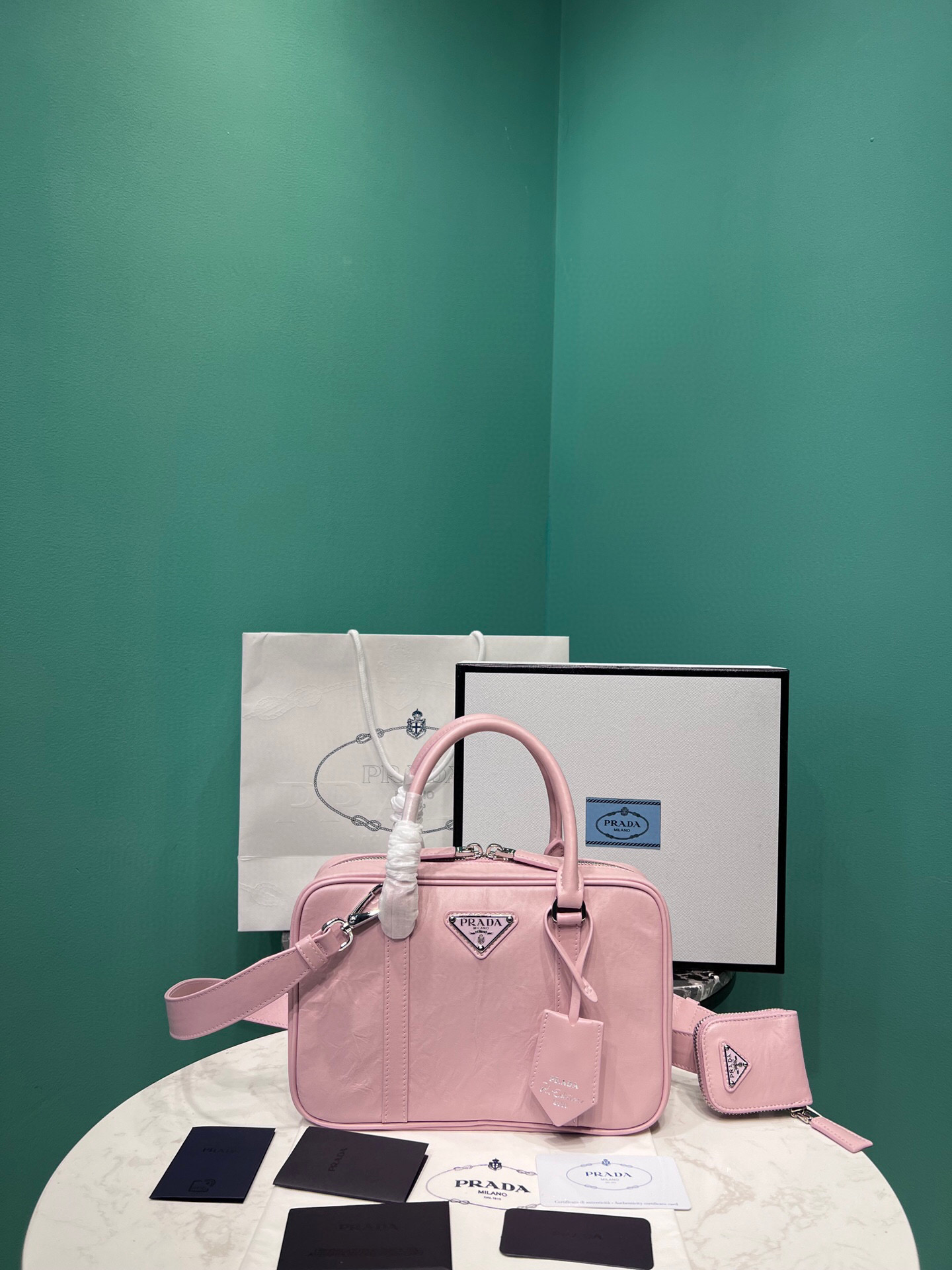 Pra*a Medium Antique Nappa Top Handle Bag In Green/Pink For Women 9.5 in/ 24cm 1BB092_UVL_F0092_V_T2O