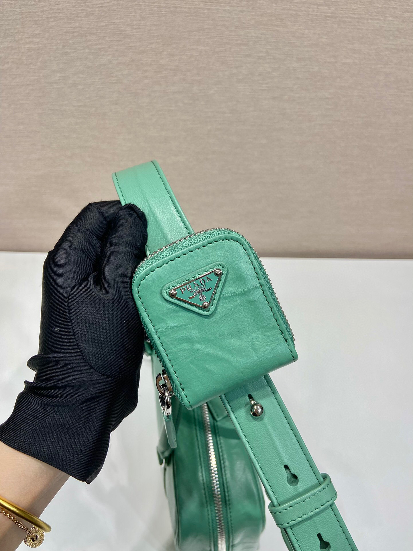 Pra*a Medium Antique Nappa Top Handle Bag In Green/Pink For Women 9.5 in/ 24cm 1BB092_UVL_F0092_V_T2O