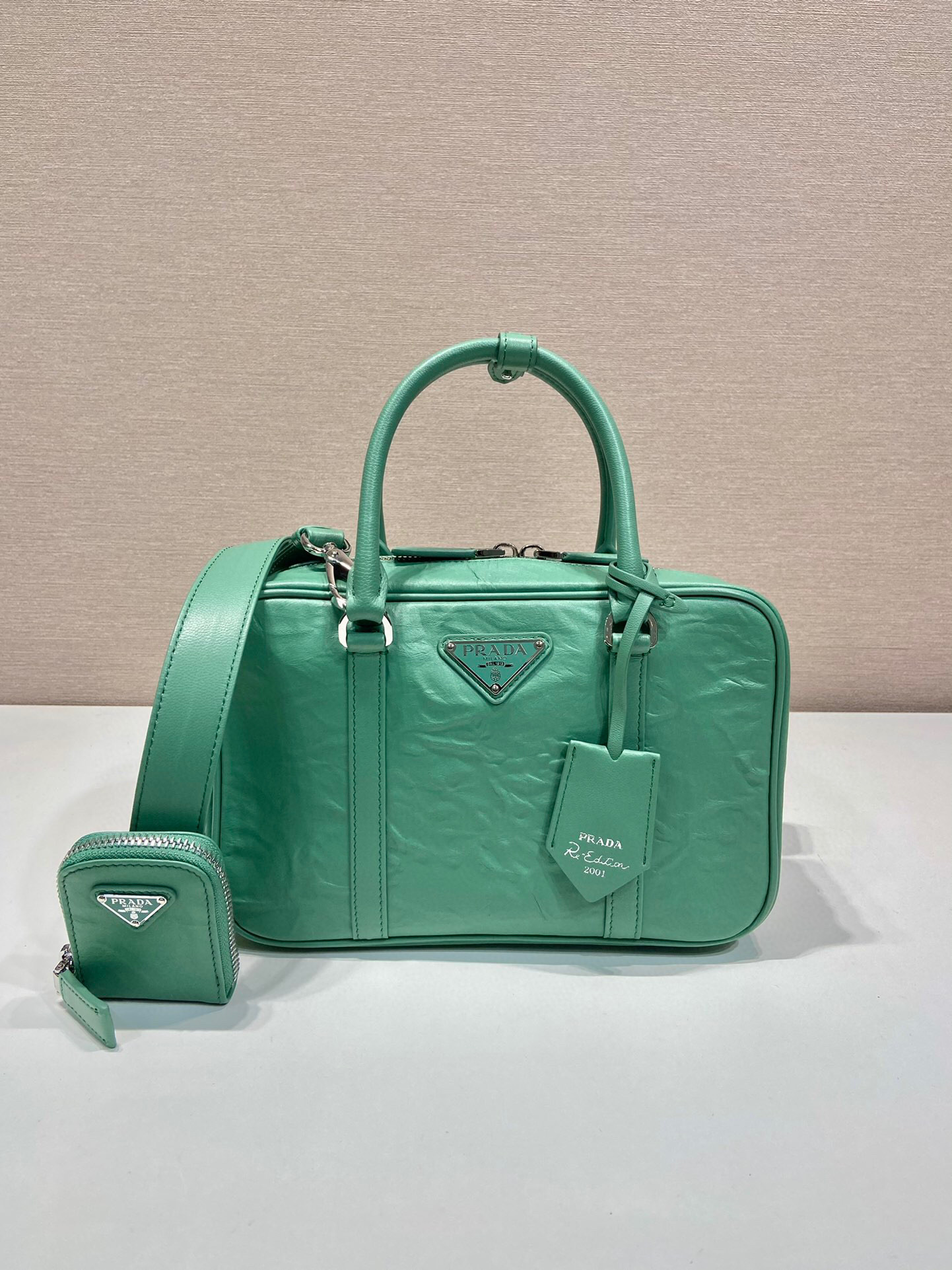 Pra*a Medium Antique Nappa Top Handle Bag In Green/Pink For Women 9.5 in/ 24cm 1BB092_UVL_F0092_V_T2O