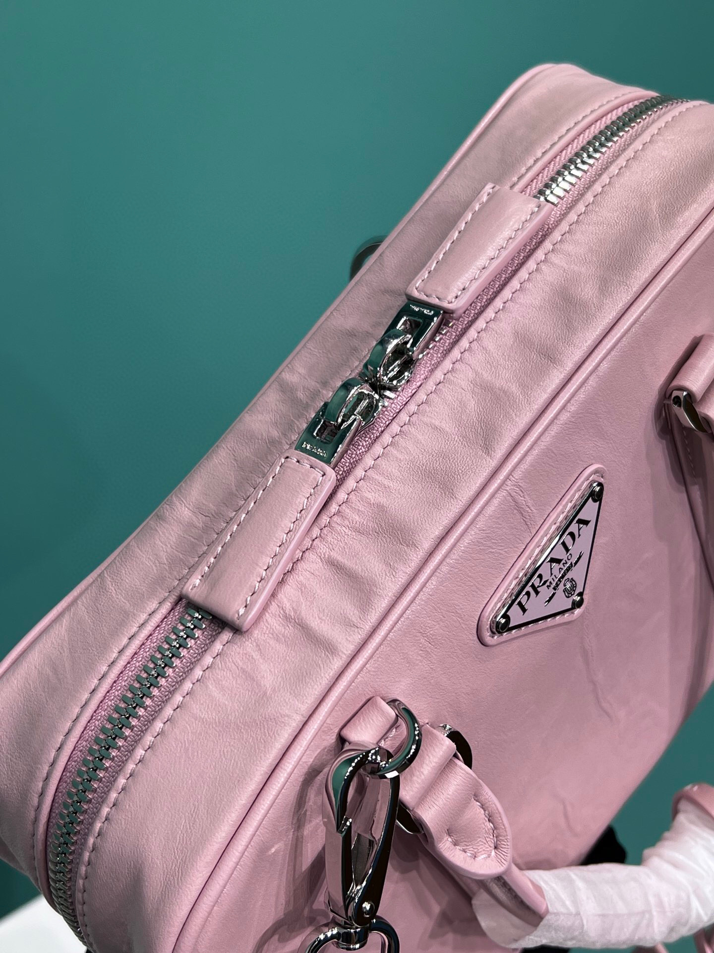 Pra*a Medium Antique Nappa Top Handle Bag In Green/Pink For Women 9.5 in/ 24cm 1BB092_UVL_F0092_V_T2O