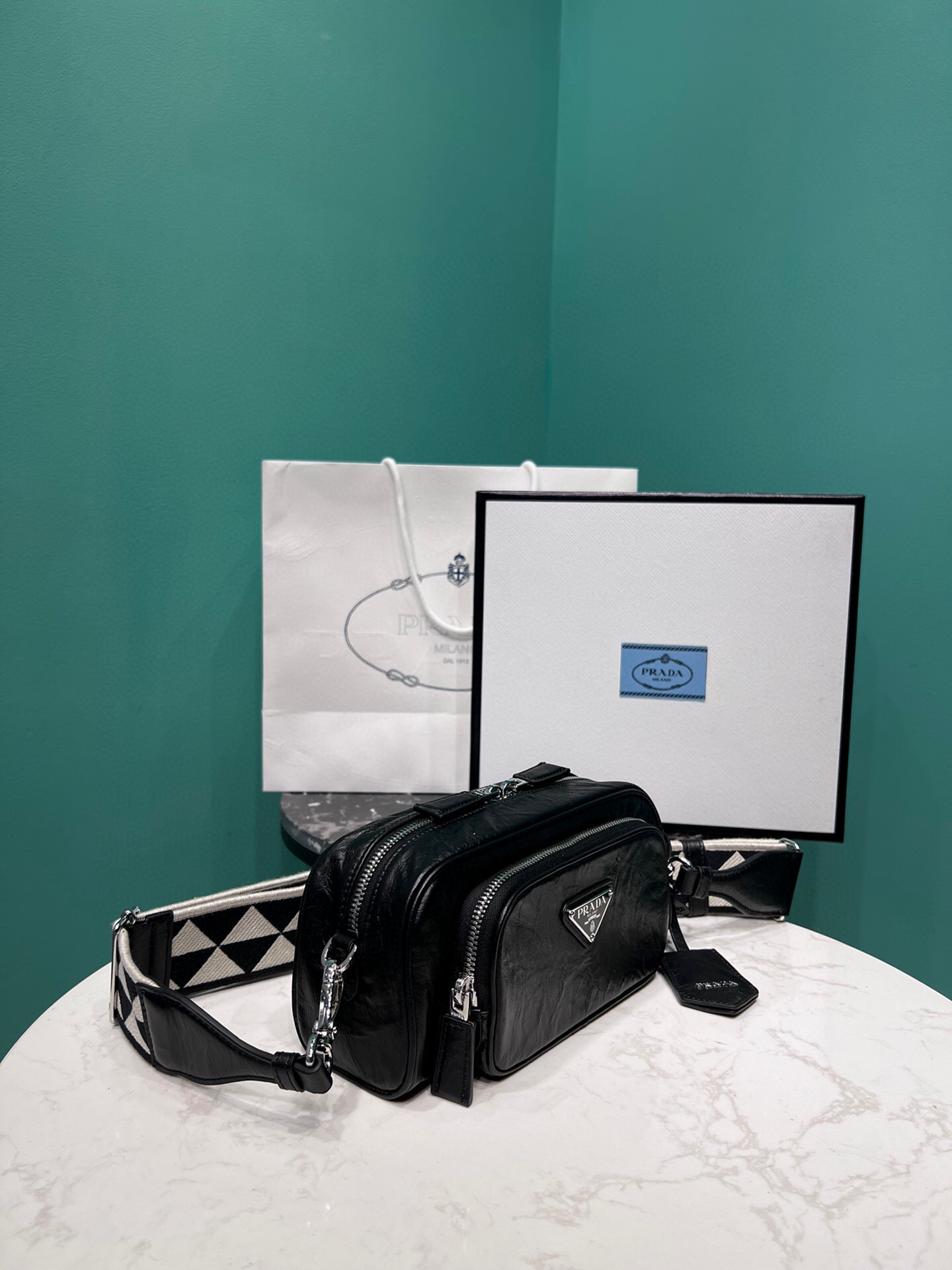 Pra*a Nappa Antique Multi-Pocket Shoulder Bag In Grey/Black/Pink For Women 8.6 in/ 22cm 1BH198_UVL_F0480_V_4OO