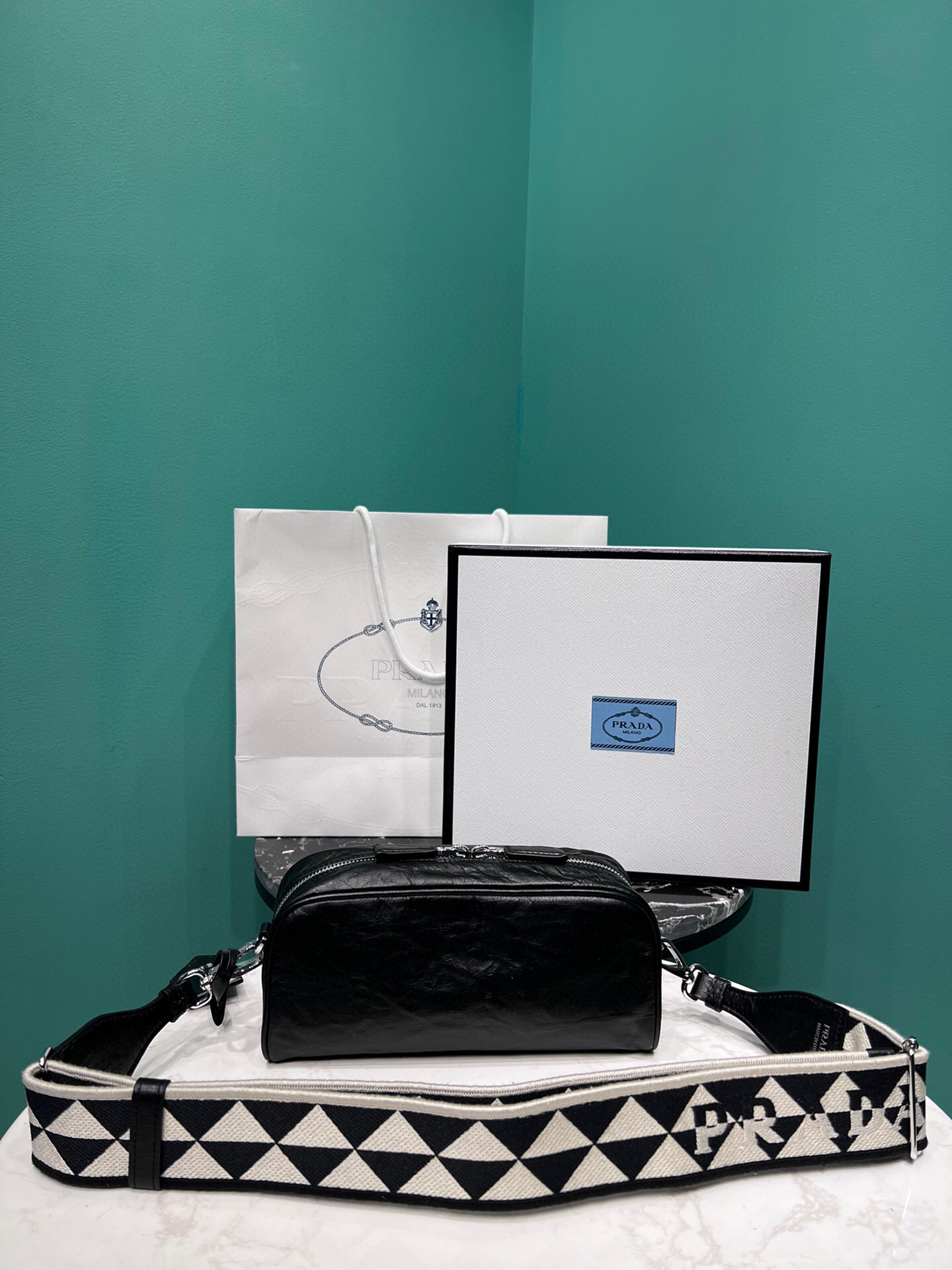 Pra*a Nappa Antique Multi-Pocket Shoulder Bag In Grey/Black/Pink For Women 8.6 in/ 22cm 1BH198_UVL_F0480_V_4OO