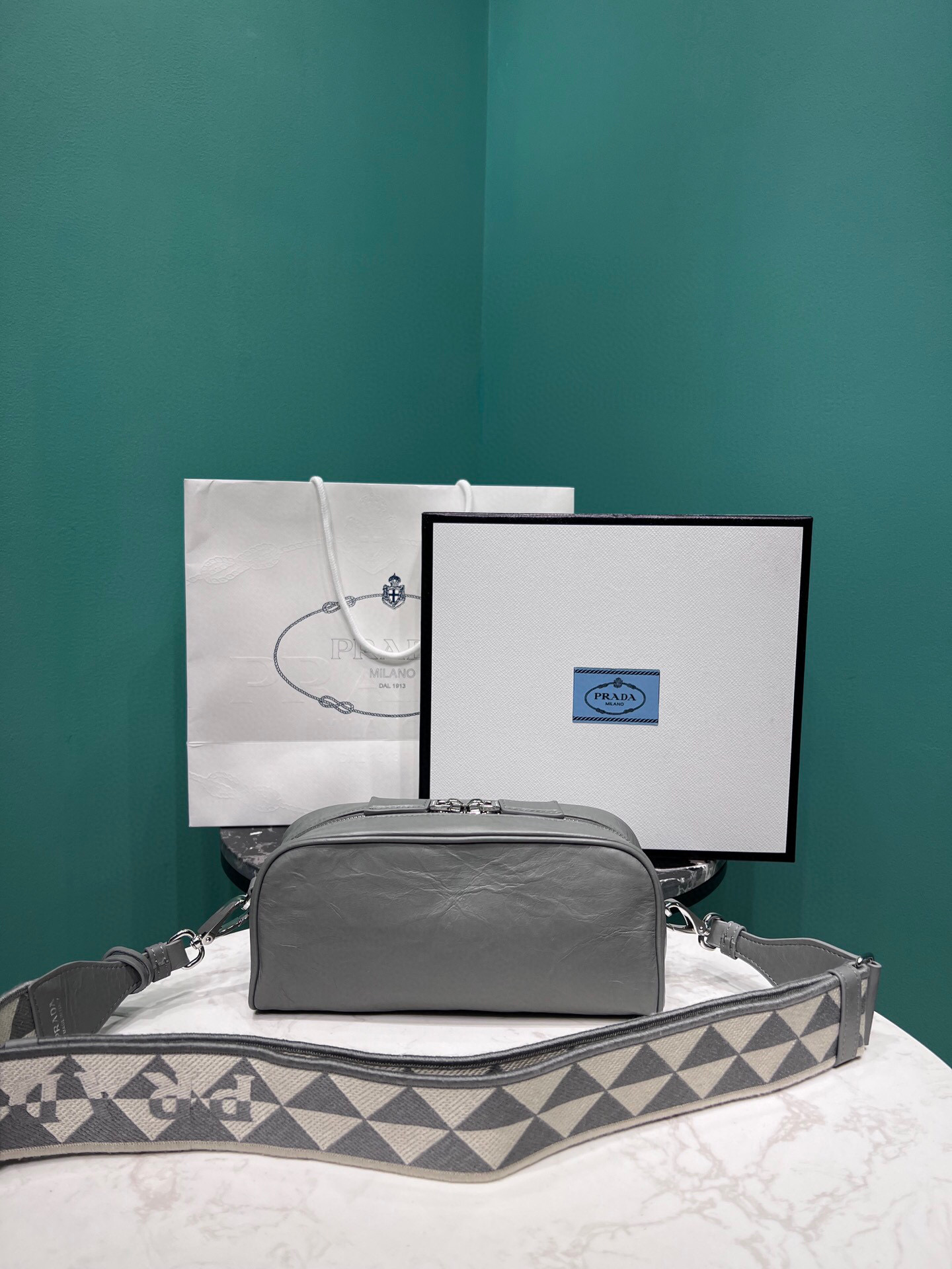 Pra*a Nappa Antique Multi-Pocket Shoulder Bag In Grey/Black/Pink For Women 8.6 in/ 22cm 1BH198_UVL_F0480_V_4OO