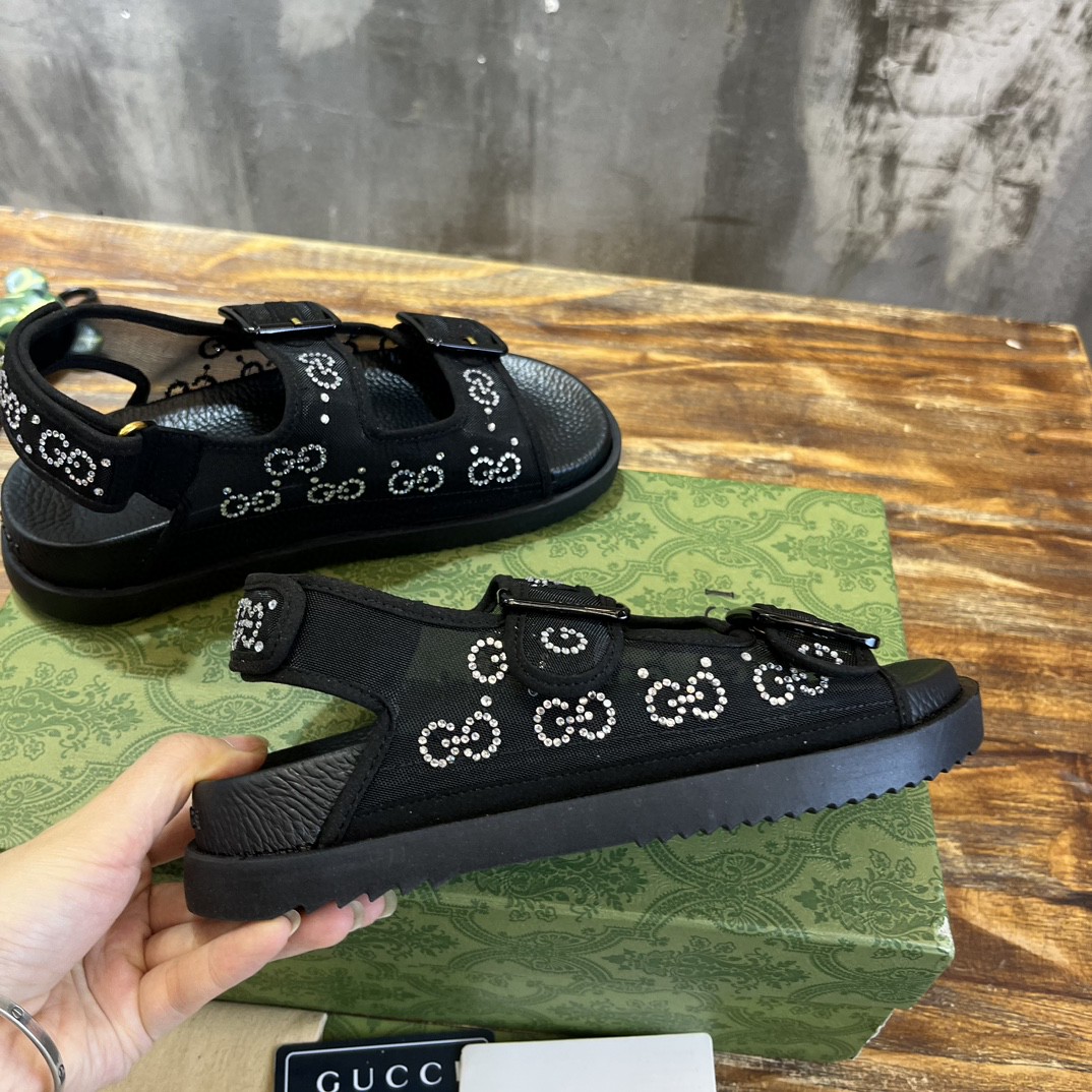 Gvc*1 GG Sandal With Crystals Black For Women 701158 F13A0 1000