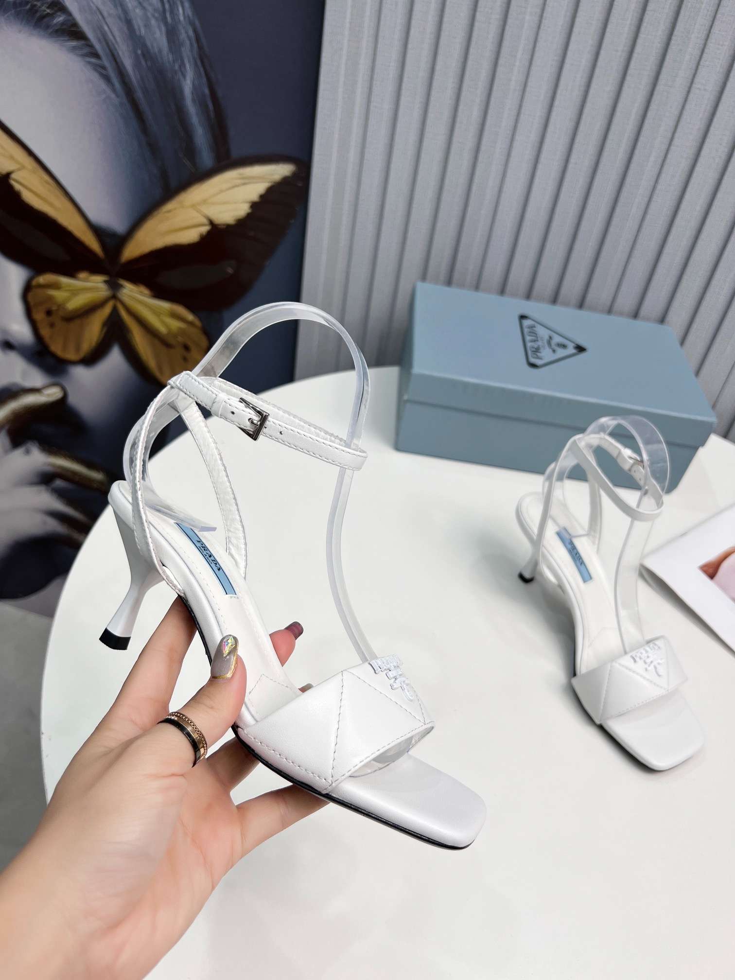 Pra*a Buckle Square Nose Pumps White For Women