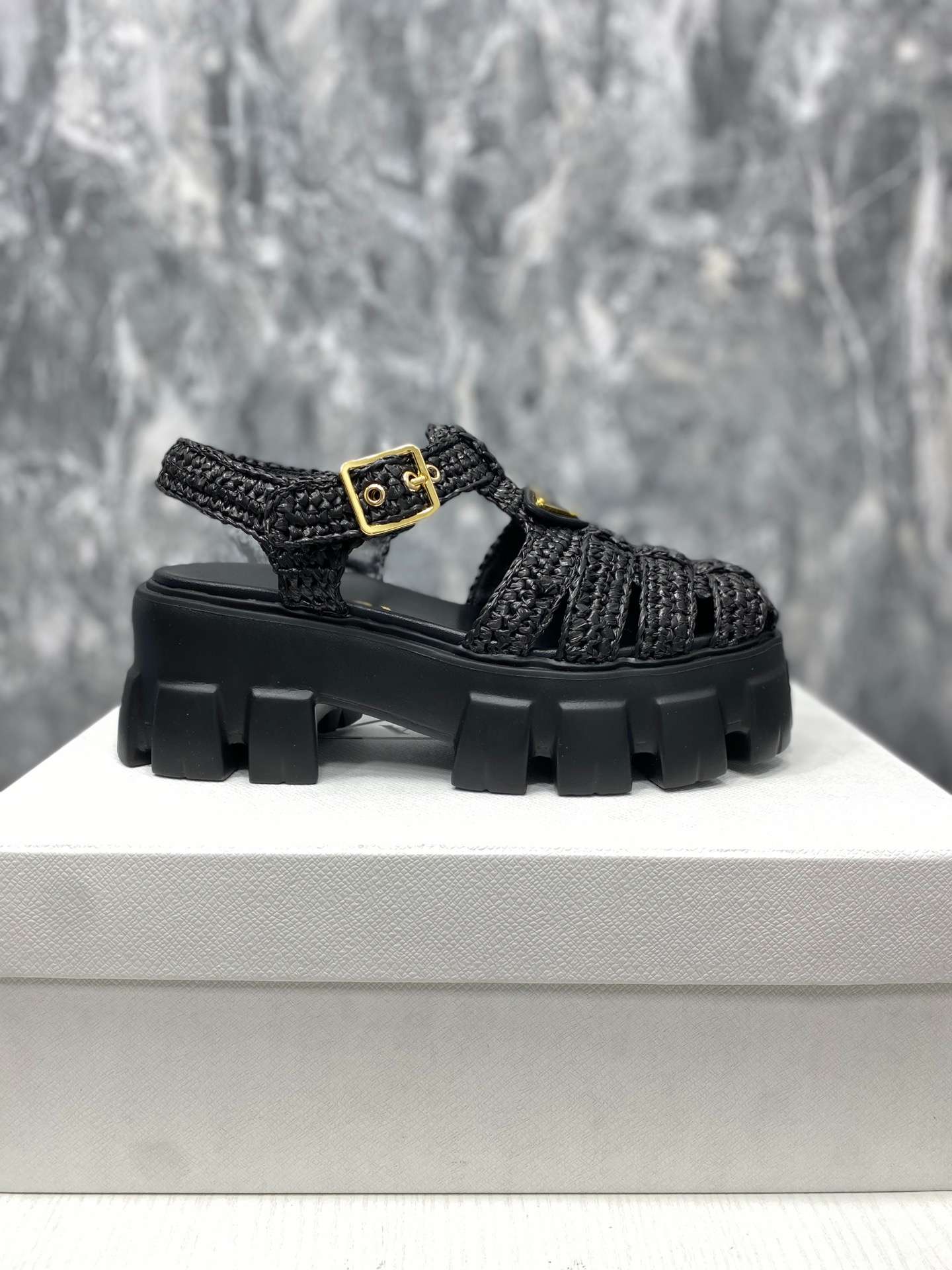 Pra*a Monolith Crochet Cage Sandals Black For Women