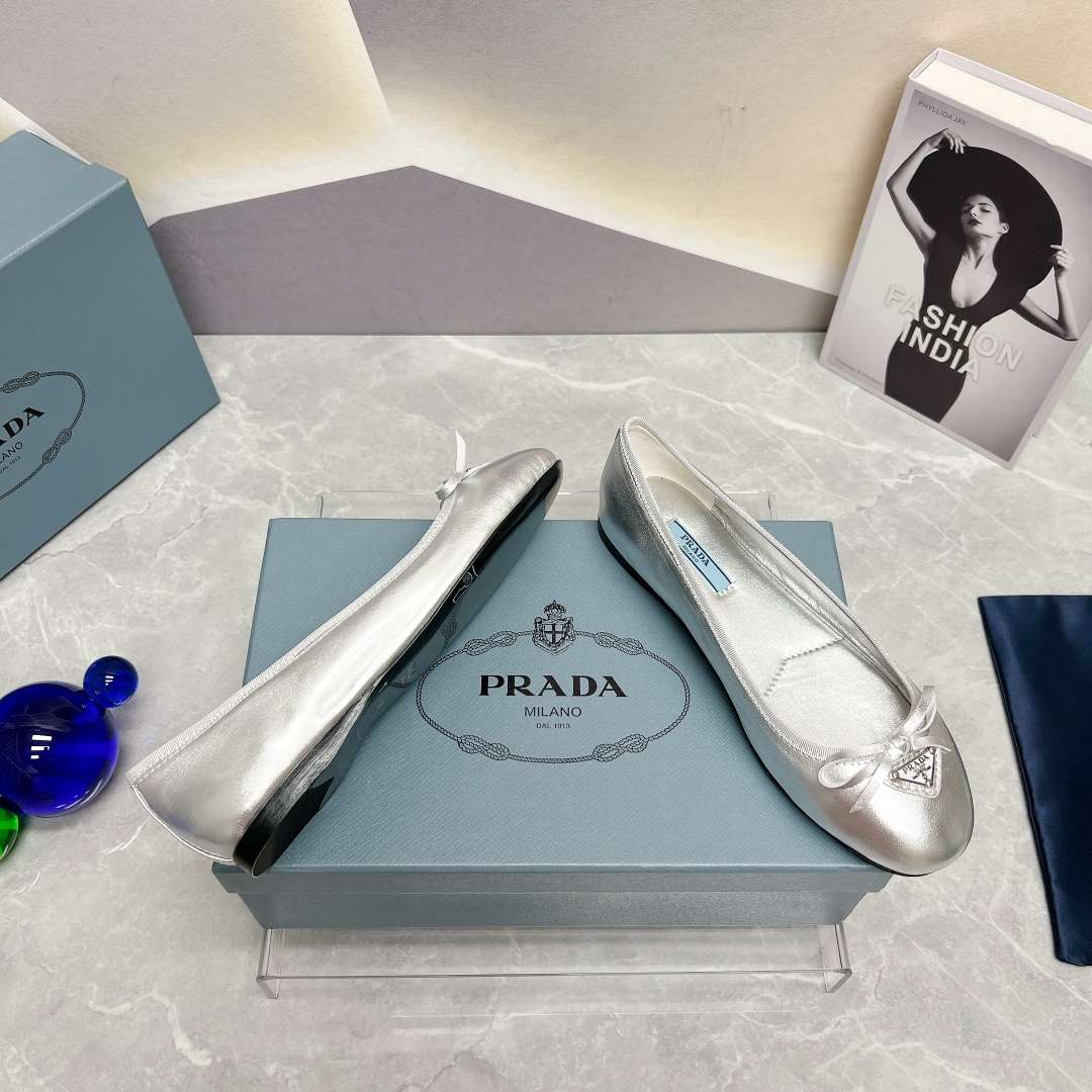 Pra*a Nappa Ballerinas Silver For Women