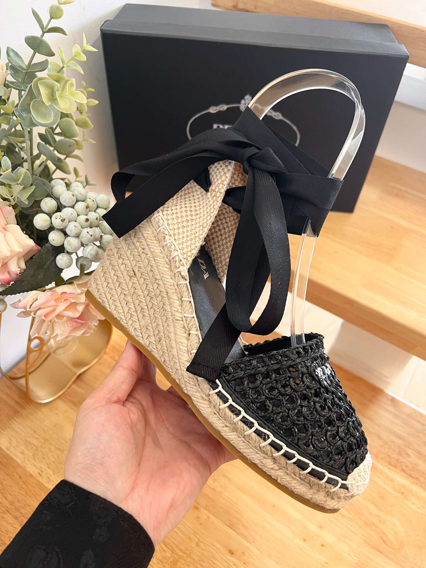 Linen Espadrille Wedge Sandals Black For Women