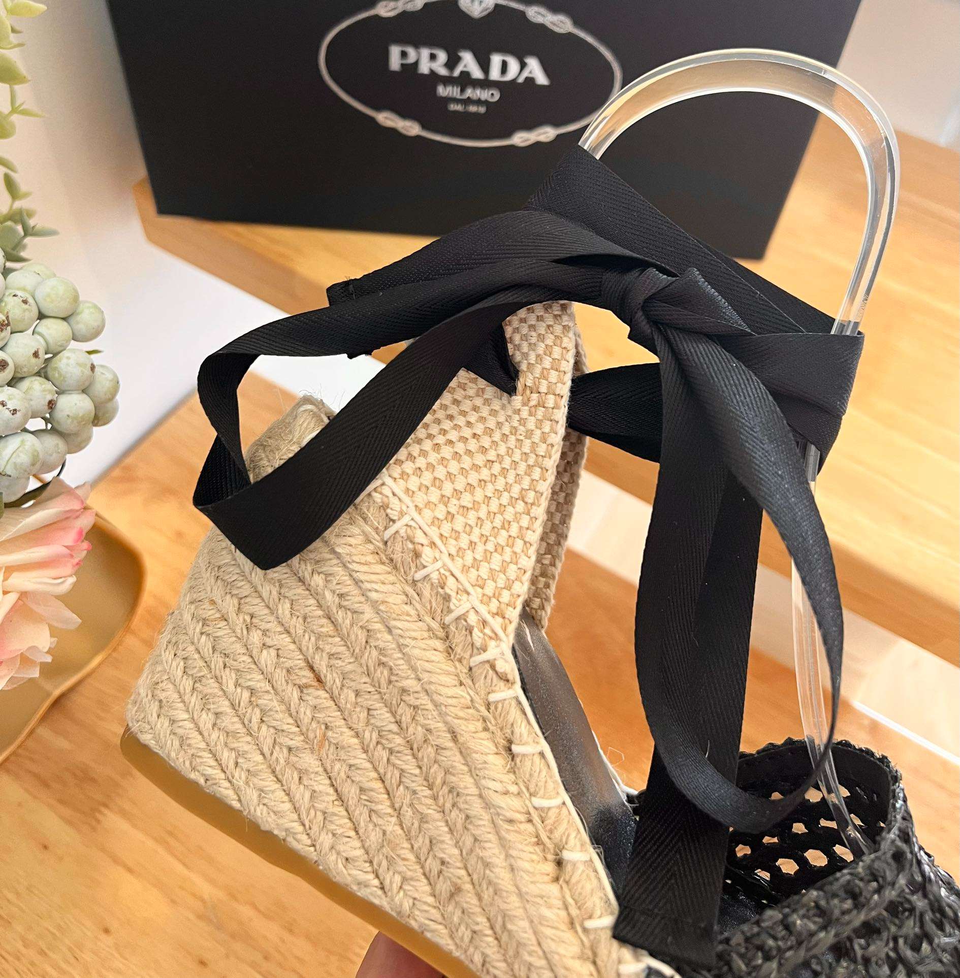 Linen Espadrille Wedge Sandals Black For Women