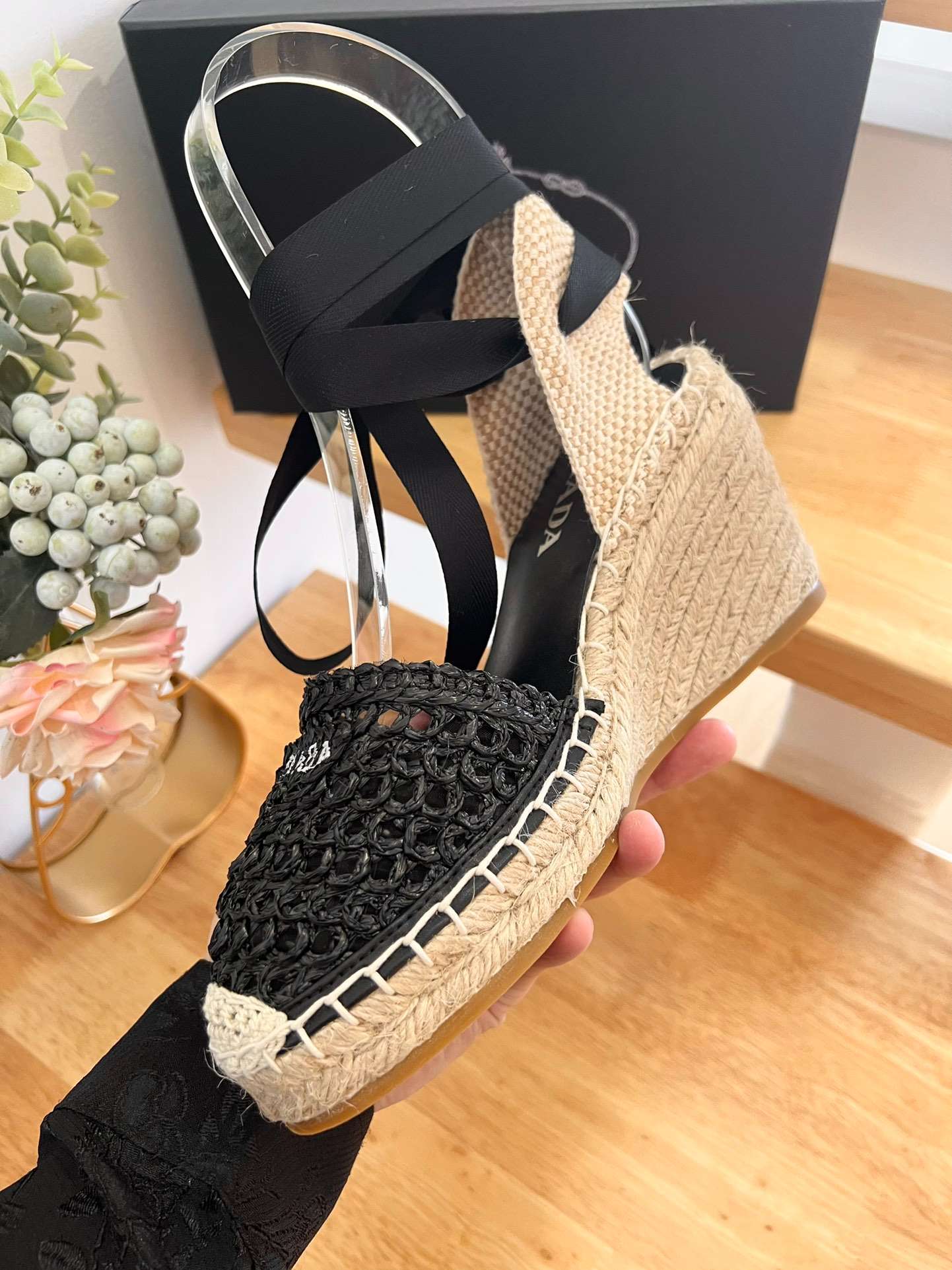 Linen Espadrille Wedge Sandals Black For Women