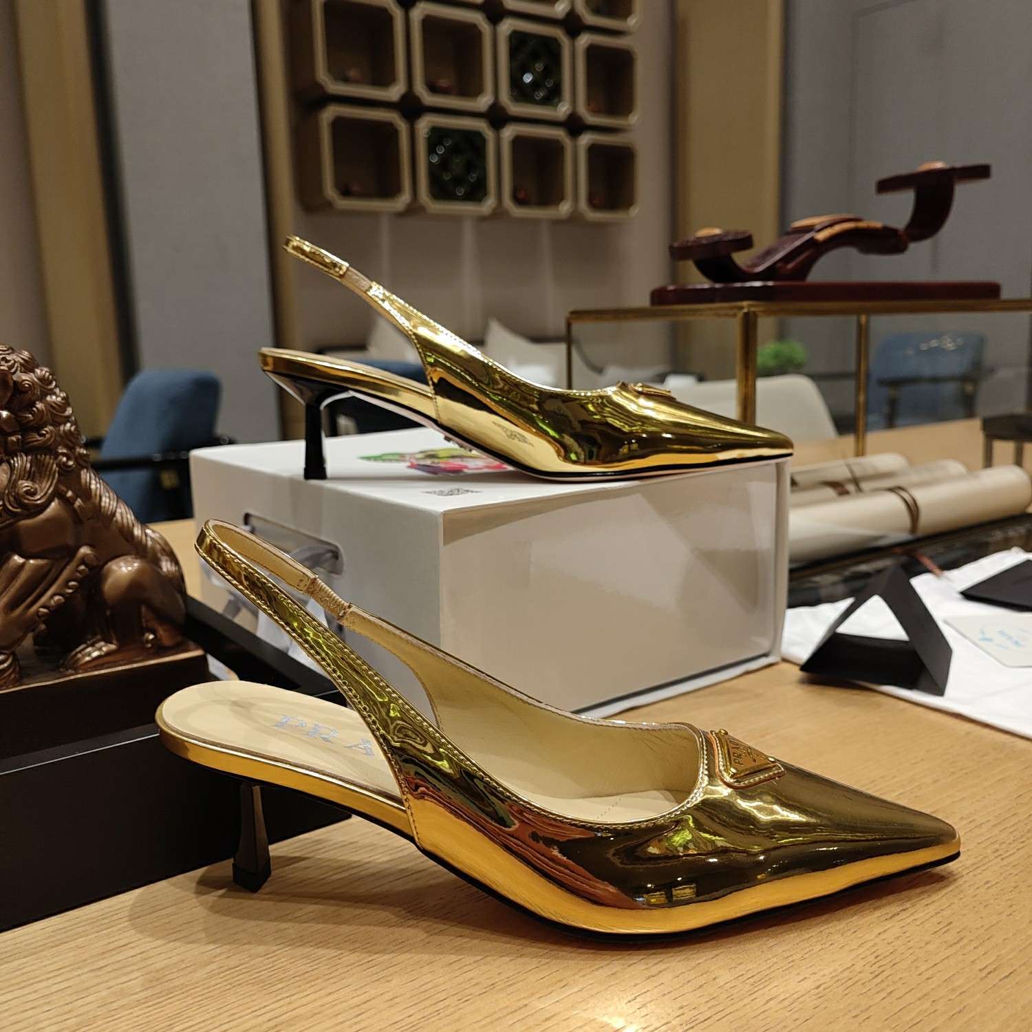 Pra*a Slingback Spike Pumps Gold For Women