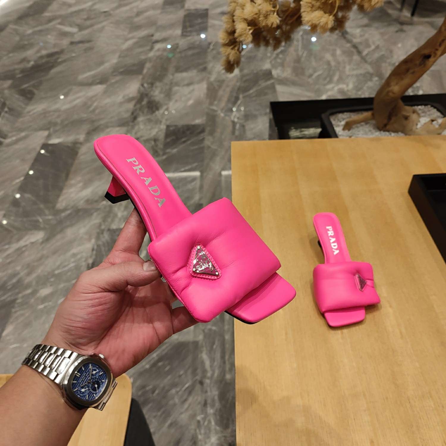 Pra*a Soft Padded Nappa Slides Pink For Women