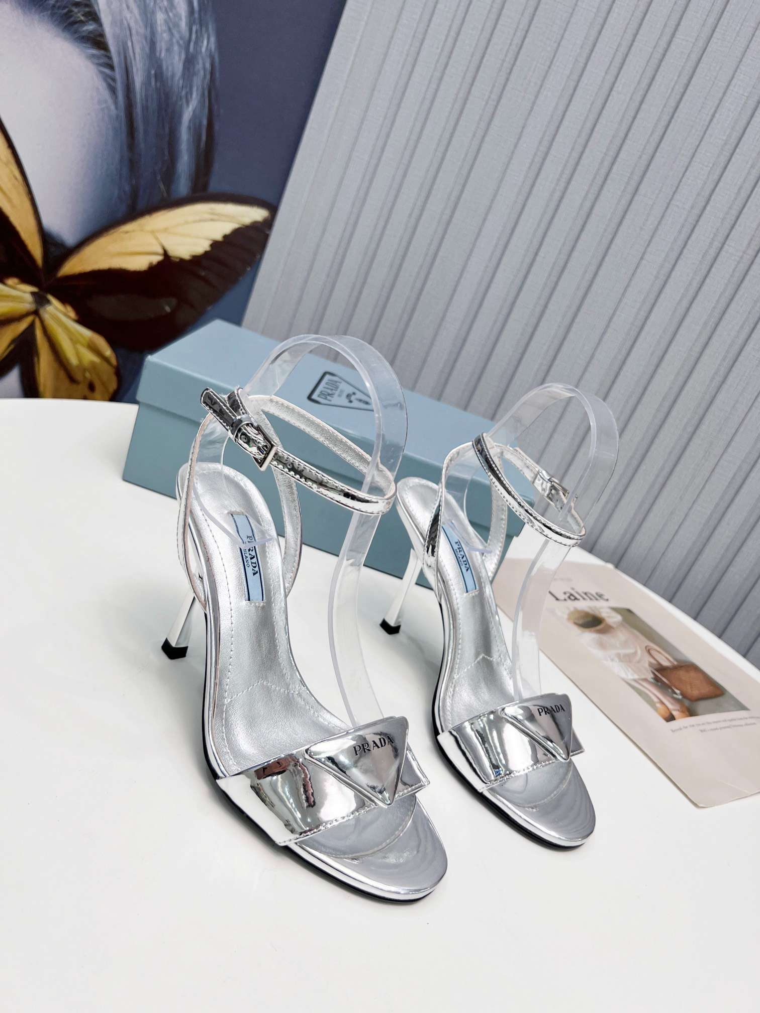 Pra*a Square Toe Pointed Pumps Silver For Women